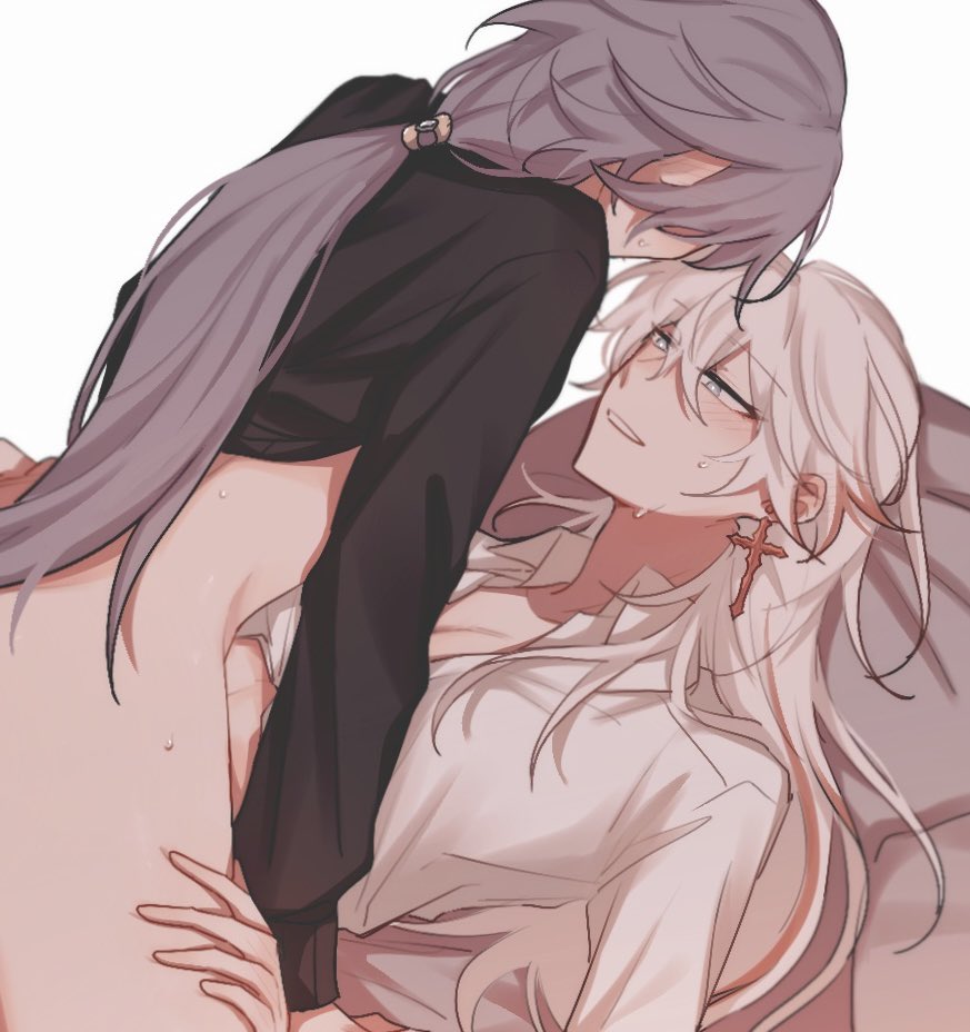 2girls, bottomless, female, female only, fu hua, honkai (series), honkai impact 3rd, kiana kaslana, kyeuji, looking at partner, smile, straddling, sweat, topwear, very long hair, yuri