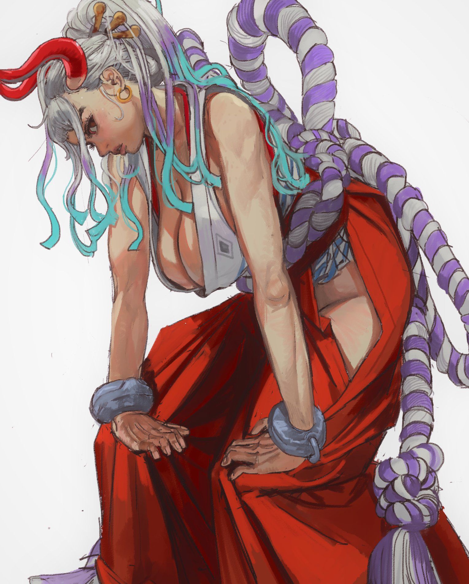 1girls, 2d, alternate body type, alternate breast size, asian, breasts, cleavage, clothing, female, female only, fully clothed, hakama, horns, huge breasts, japanese clothes, long hair, mossa, one piece, orange eyes, sideboob, solo, solo female, thick thighs, two-tone hair, white hair, white-haired female, yamato (one piece), younger female
