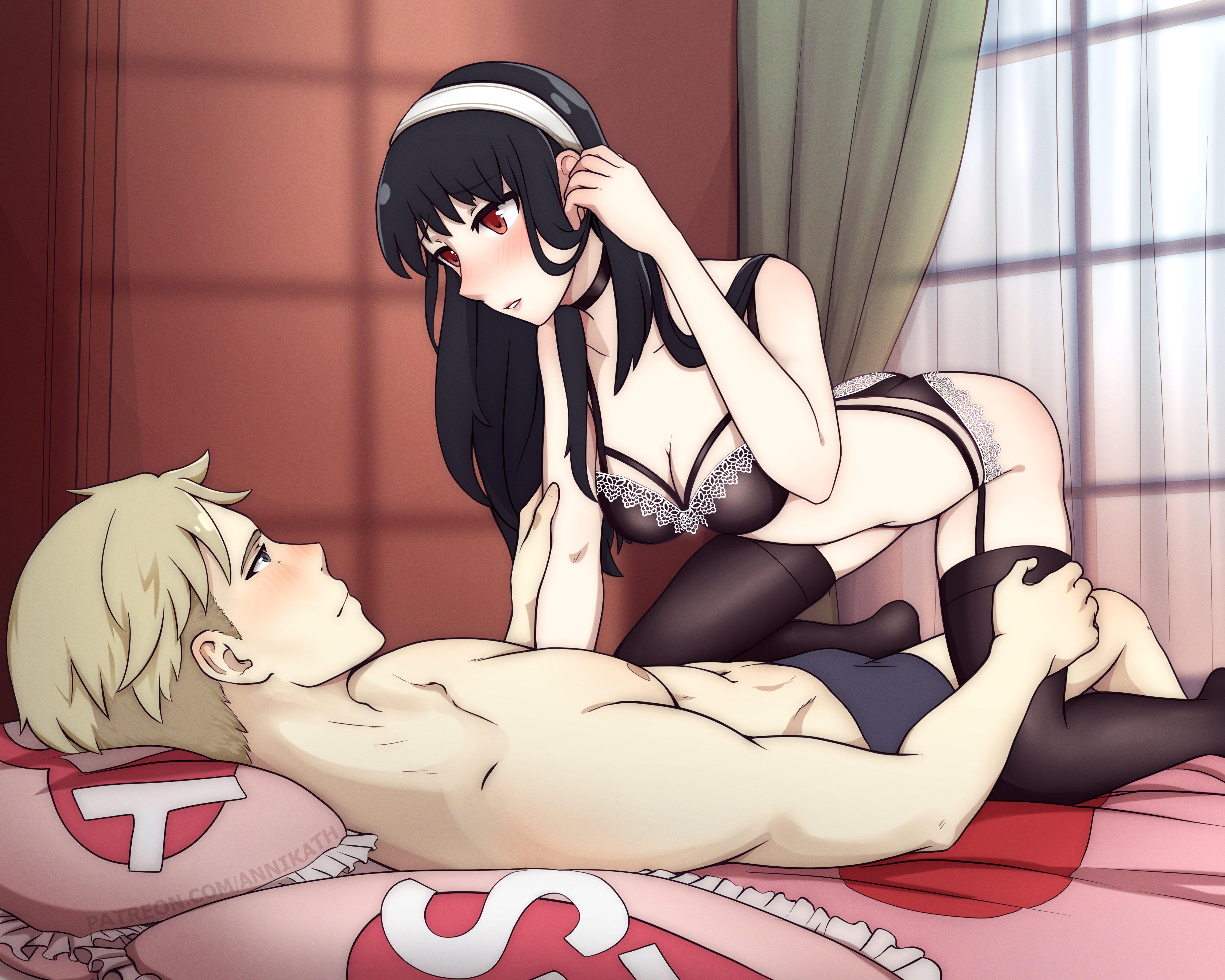 1boy, 1girls, annikath, bedroom, blonde, female, human, husband and wife, lingerie, loid forger, male, romantic, spy x family, straight, yor briar, yor forger
