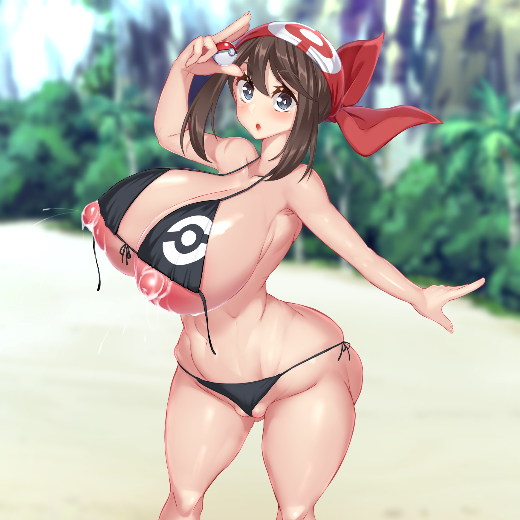 1girls, armpits, big breasts, bikini, breasts, exposed nipples, female, female only, huge breasts, kawahagitei, lactation, lactation without expressing, may (pokemon), nipples, pokemon, solo, solo female