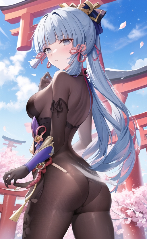 ai generated, alternate costume, ass, blush, bodysuit, breasts, elbow gloves, female, from behind, genshin impact, gloves, grey eyes, hair ornament, kamisato ayaka, long hair, looking at viewer, medium breasts, ponytail, shiny, shiny clothes, shiny hair, sideboob, skin tight, solo, very long hair, white hair