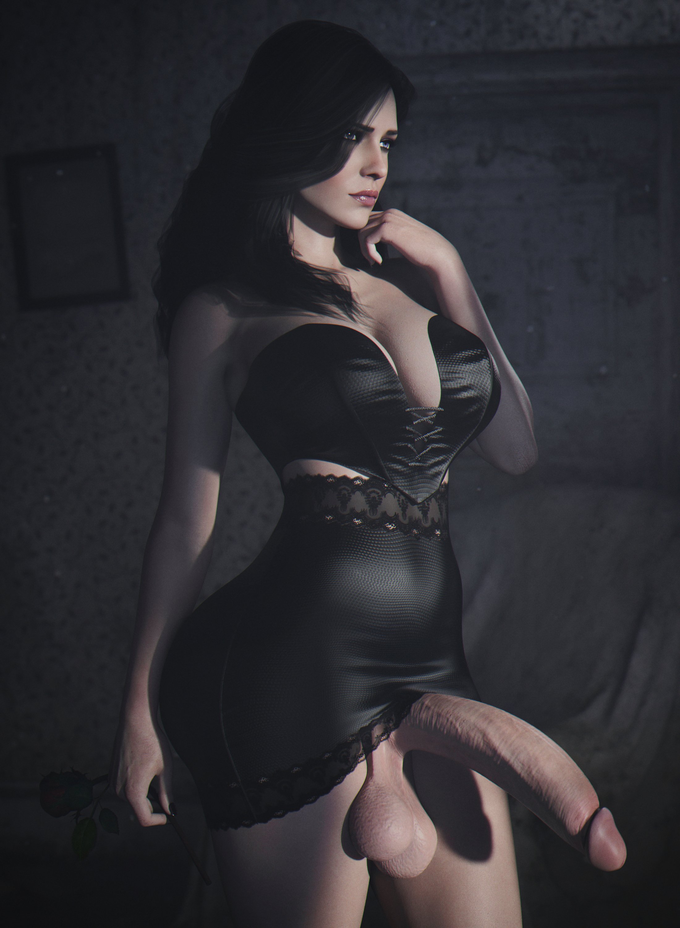 1futa, 3d, ass, balls, big ass, big breasts, big butt, big penis, black clothing, black hair, breasts, busty, casual nudity, dark hair, dickgirl, futa only, futanari, hand on chin, hips, huge cock, hung, hung futa, ineffective clothing, intersex, large breasts, large penis, lips, mostly clothed, penis, solo, stevencarson, the witcher (series), the witcher 3: wild hunt, thick, thick ass, thick lips, thighs, veiny penis, wide hips, witch, yennefer