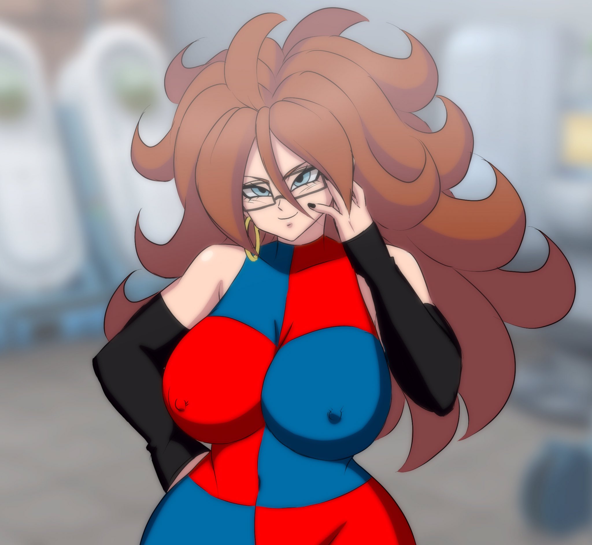 1girls, android 21, android 21 (human), bare shoulders, big breasts, breasts, darwaarts, dragon ball, dragon ball fighterz, erect nipples under clothes, female, female only, huge breasts, human, human only, humanoid, large breasts, nipple bulge, shounen jump, solo, solo female