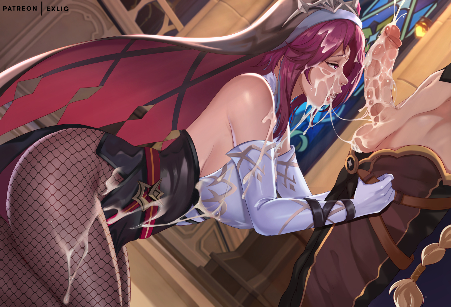 1boy, 1girls, abs, aether (genshin impact), balls, bare shoulders, big breasts, breasts, cum, cum on breasts, cum on face, cumshot, erection, exlic, female, fishnet stockings, fishnets, genshin impact, gloves, headwear, kneeling, large breasts, male, orgasm, pants down, pants pulled down, penis, pulling down pants, purple hair, rosaria (genshin impact), shirtless, straight, testicles, thick thighs