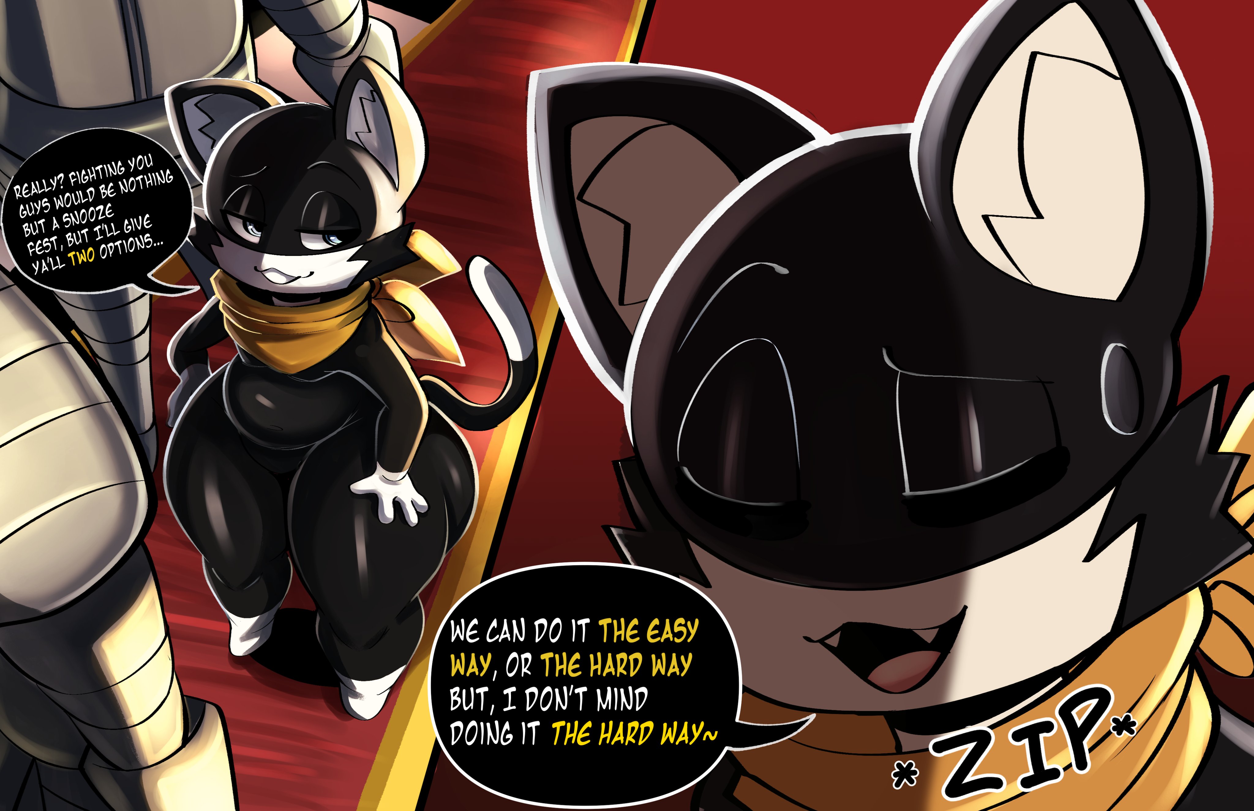 1boy, anthro, ass, big ass, dialogue, domestic cat, feline, femboy, huge ass, huge thighs, male, male only, morgana (persona), nathanatwar, persona, persona 5, robot, scarf, smile, smug, standing, text, thick thighs, whateverdoes, wide hips