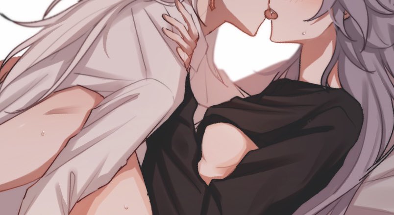 2girls, bottomless, breasts, female, female only, french kiss, fu hua, honkai (series), honkai impact 3rd, kiana kaslana, kissing, kyeuji, no pants, partially clothed, shirt lift, tongue, tongue kiss, top lift, yuri