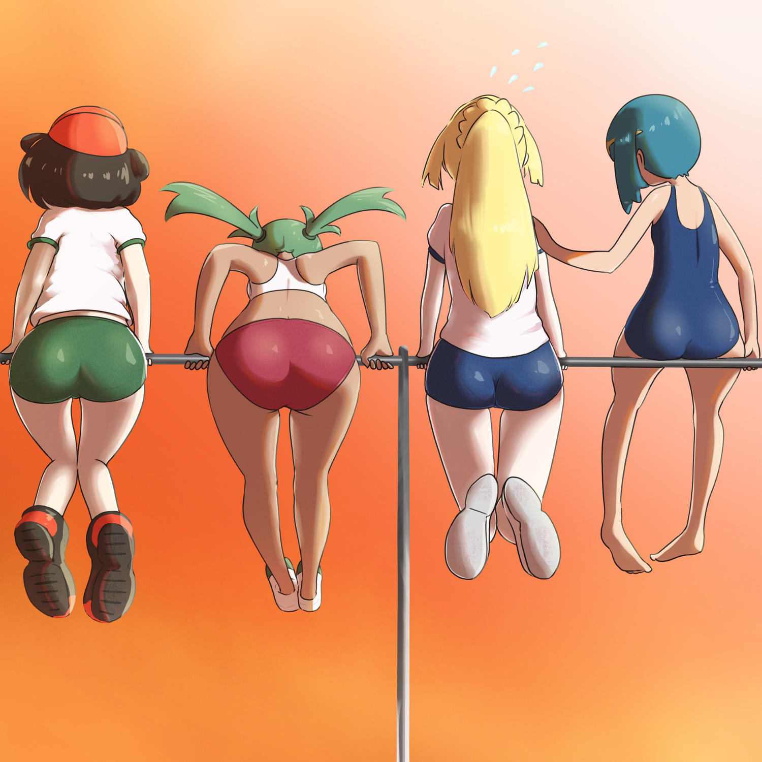 4girls, ass, clothing, female, female only, huge ass, human, human only, lana (pokemon), lillie (pokemon), mallow (pokemon), microsd (artist), multiple girls, nintendo, one-piece swimsuit, pokemon, pokemon sm, ponytail, selene (pokemon), take your pick, thick thighs, workout clothes