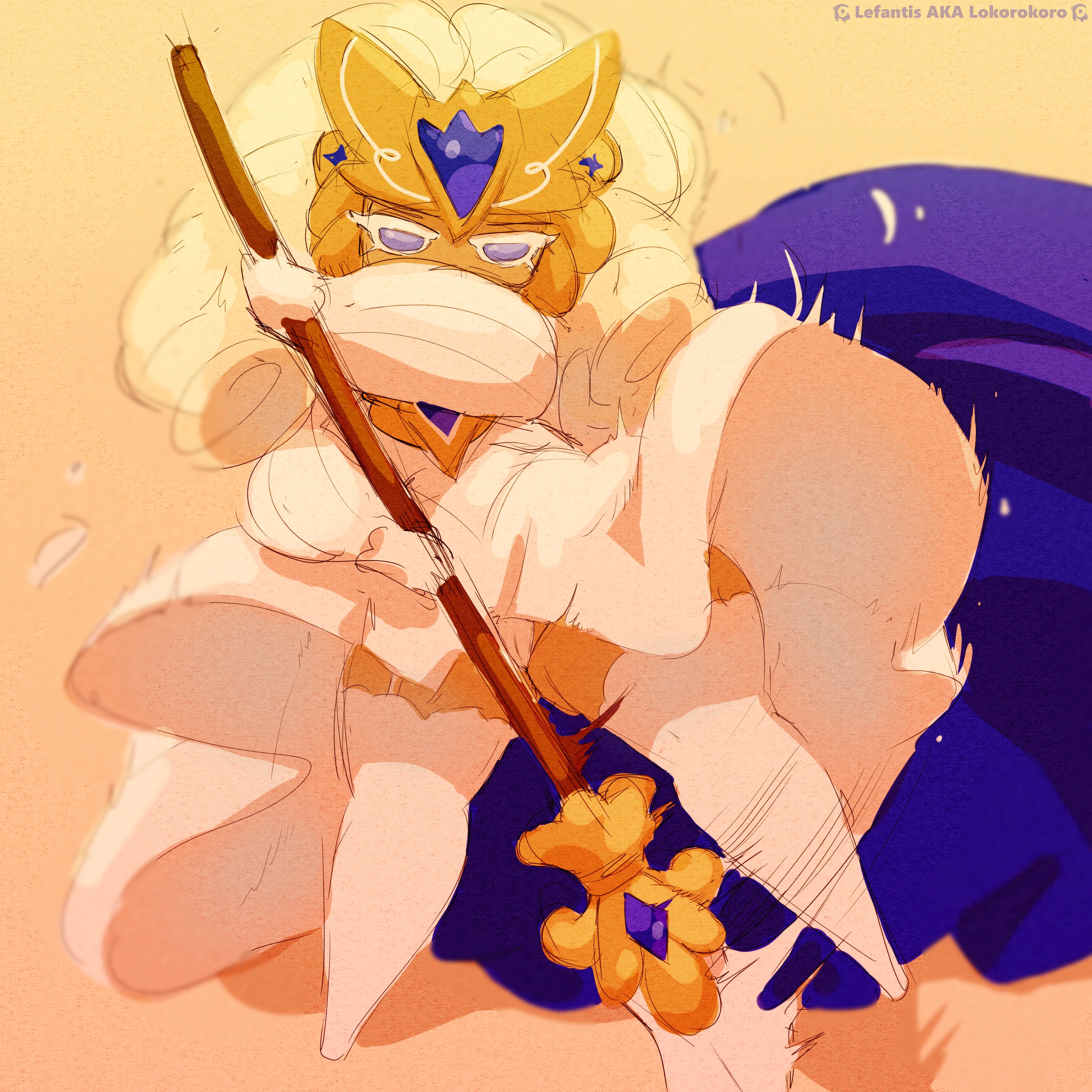 1girls, armor, blonde female, blonde hair, blue eyes, cameltoe, color, cookie run, curly hair, dress, dress lift, female, female only, garter straps, grand madeleine cookie, headgear, hi res, holding weapon, lefantis, long hair, milf, panties, pussy, sketch, solo, standing, stockings, tan body, tan skin, thick thighs, weapon