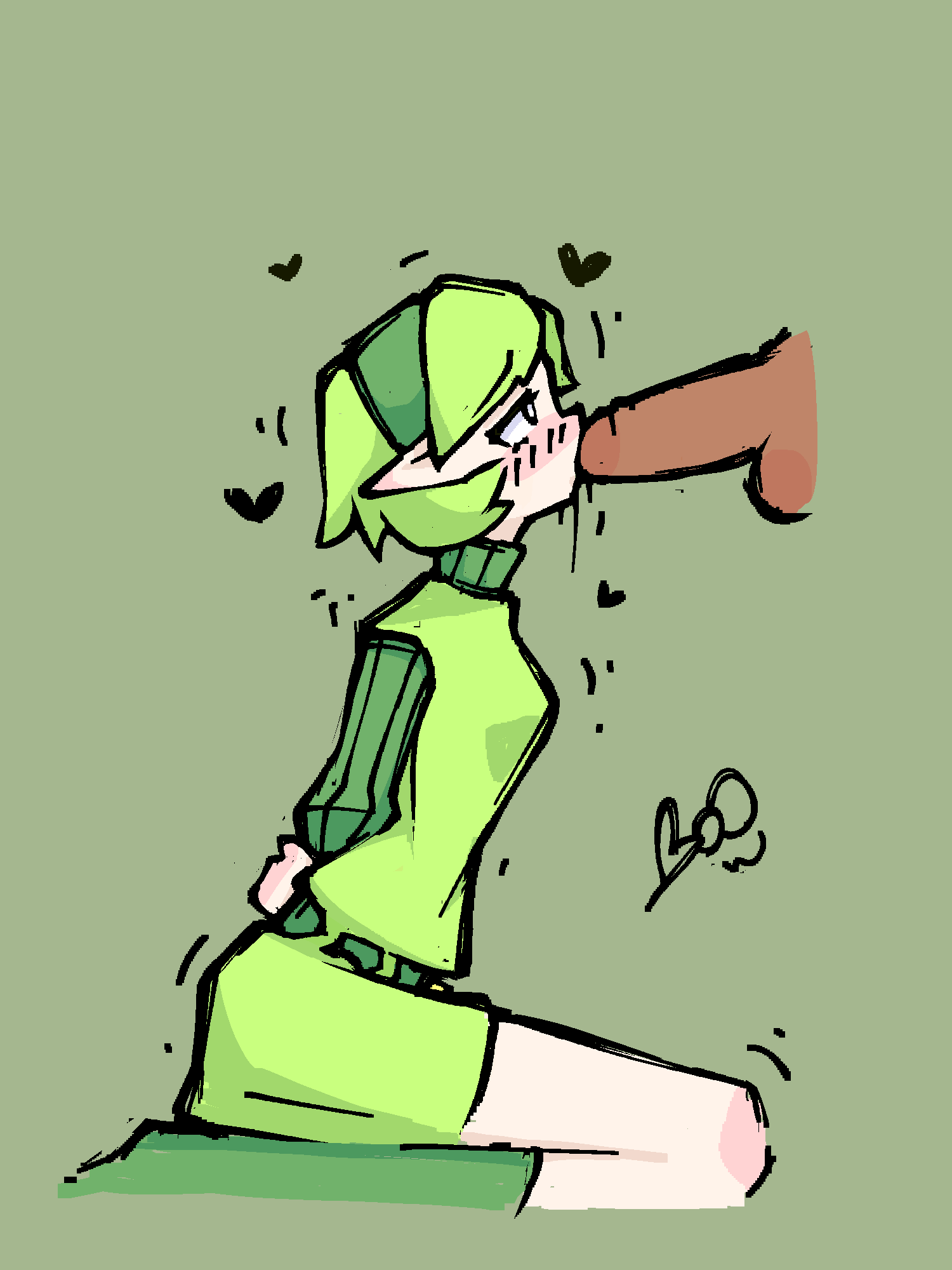 1boy 1girls blowjob blush booxhy dark-skinned_male female green_background green_clothing green_hair hearts hearts_around_head male nintendo ocarina_of_time penis saria the_legend_of_zelda