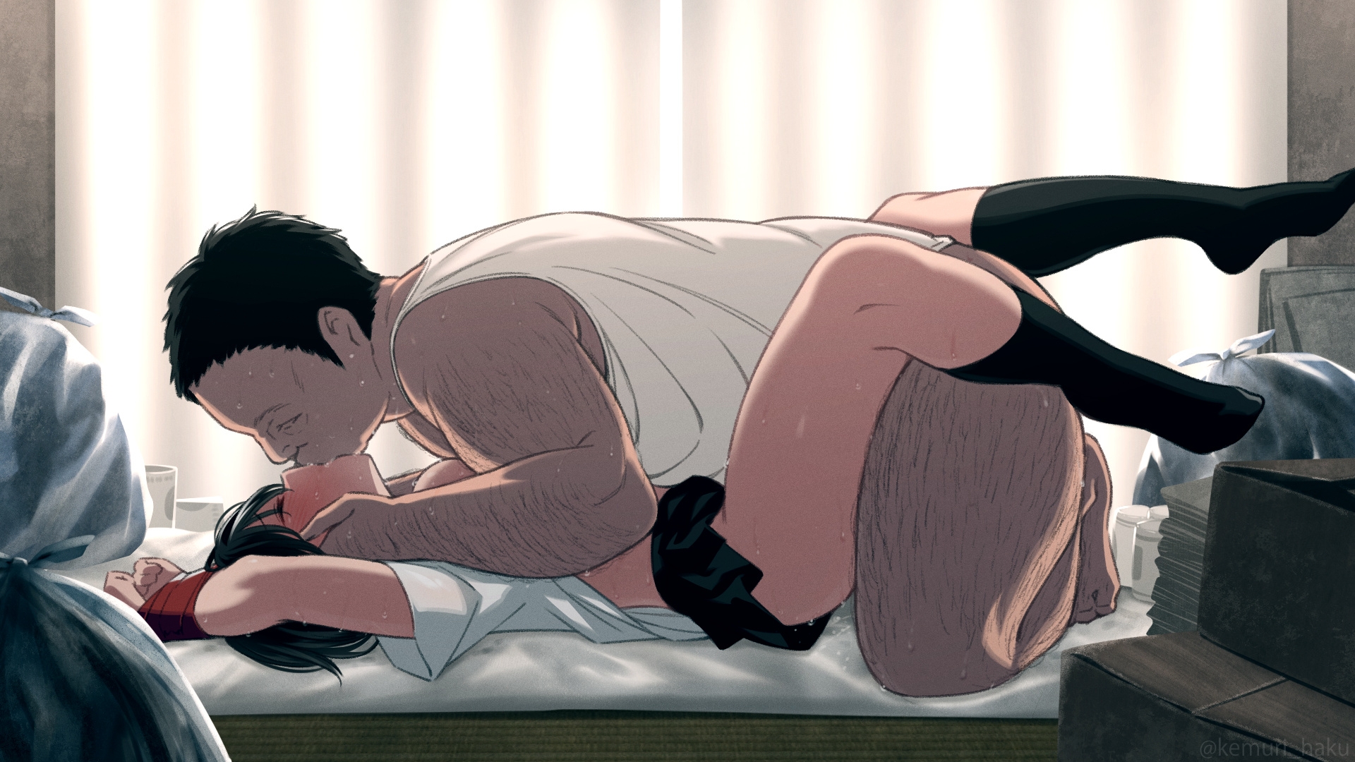 1boy, 1girls, age difference, black hair, black socks, female, forced, forced kiss, kemuri haku, knee socks, kneehighs, kneesocks, legs apart, legs up, male, missionary position, older male, older male and younger female, on back, original, rape, school uniform, schoolgirl, short hair, skirt, socks, straight, teenage female, teenager, tied up, younger female