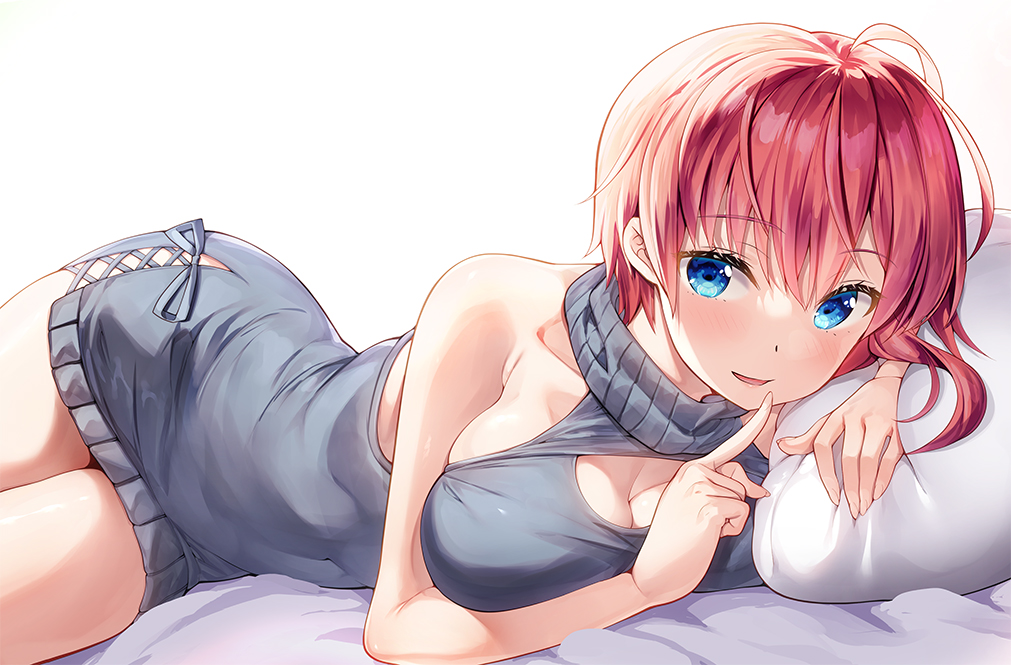 bare_arms bare_shoulders blue_eyes breasts cleavage_cutout clothing_cutout collarbone female fujima_takuya go-toubun_no_hanayome grey_sweater index_finger_raised keyhole_turtleneck large_breasts looking_at_viewer lying nakano_ichika on_side open_mouth pillow red_hair simple_background sleeveless sleeveless_sweater smile solo sweater thighs turtleneck turtleneck_sweater virgin_killer_sweater white_background