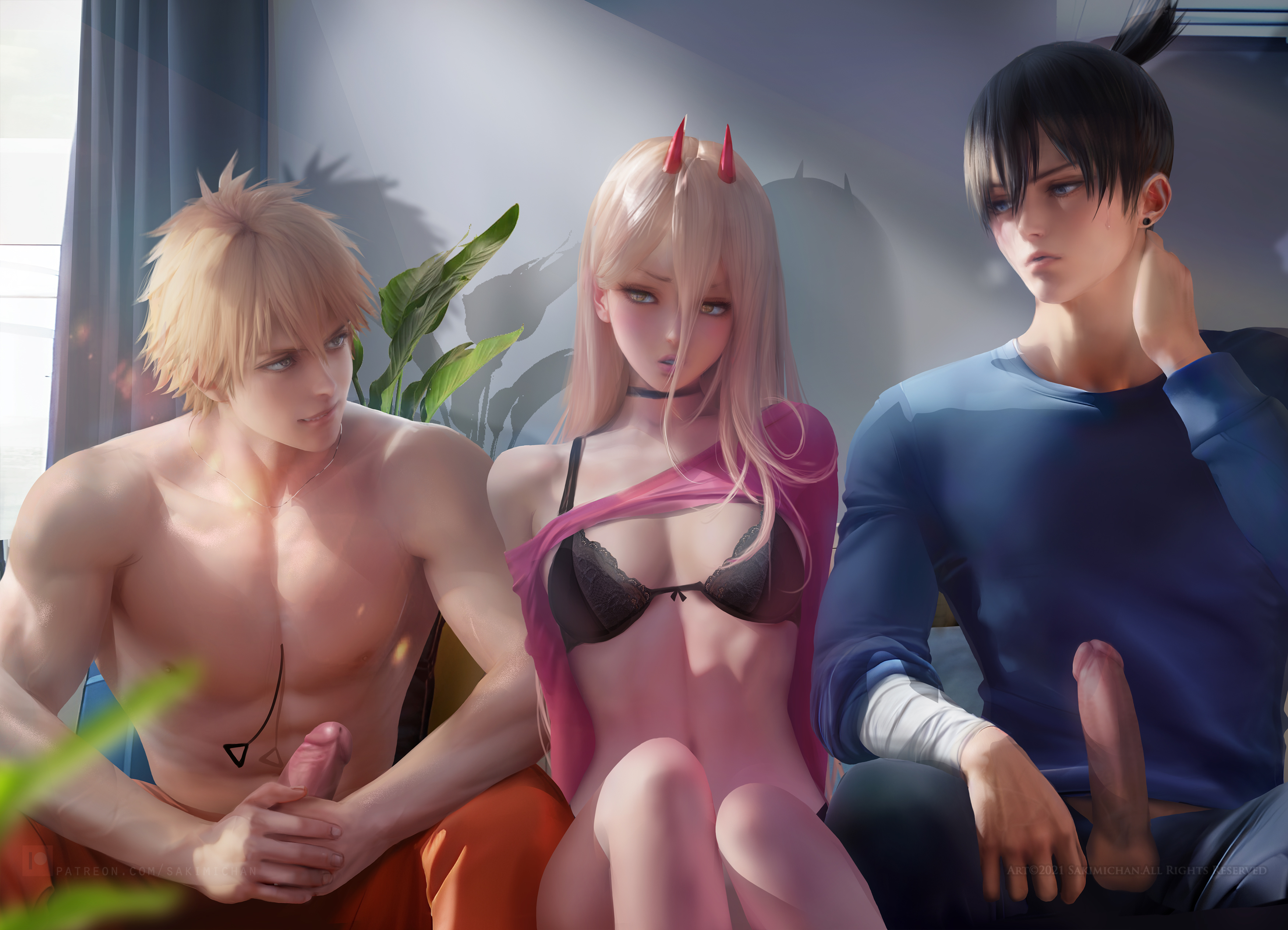 1girls, 2boys, bra, breasts, chainsaw man, denji (chainsaw man), female, friends with benefits, hayakawa aki, male, medium breasts, penis, power (chainsaw man), sakimichan