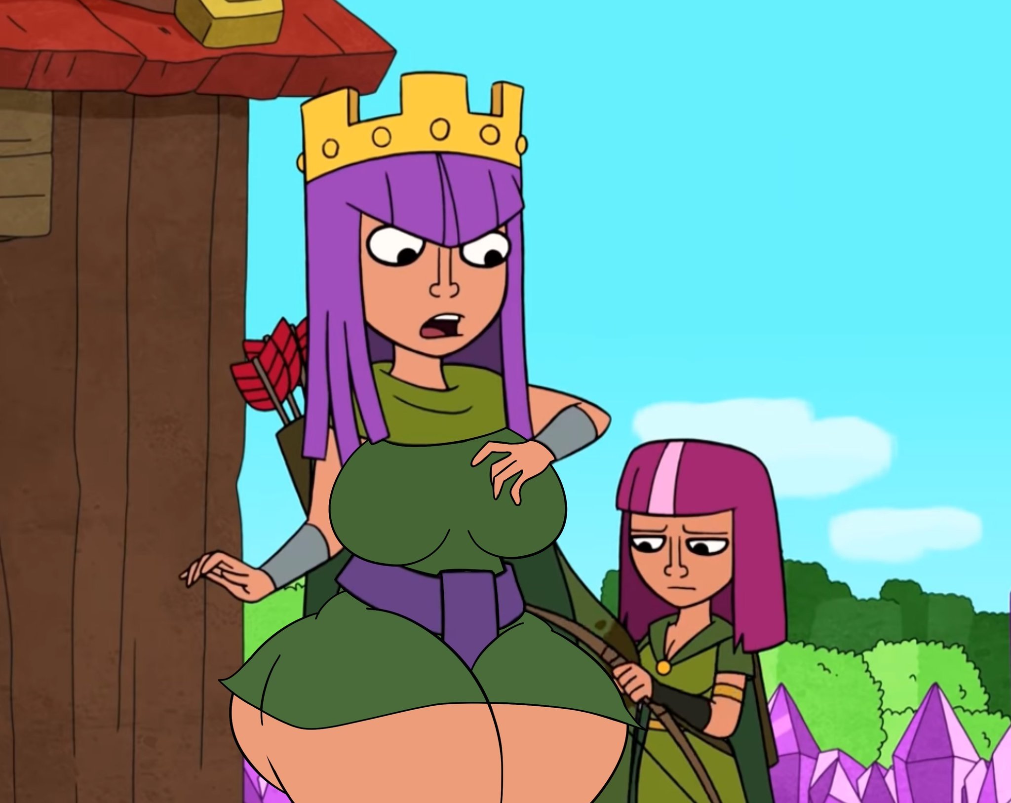 2girls, archer (clash of clans), archer queen (clash of clans), ass, big breasts, breasts, clash (series), clash a rama, clash of clans, clothed, clothed female, clothing, crown, female, female only, fully clothed, fully clothed female, huge ass, larger female, multicolored hair, multiple females, multiple girls, pink hair, purple hair, screenshot, screenshot edit, smaller female, thick thighs, voluptuous, voluptuous female