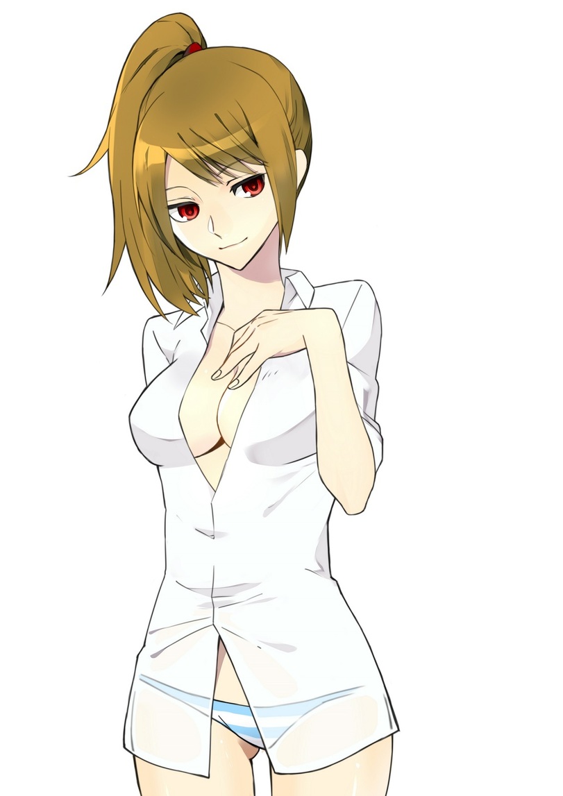 blouse brown_hair canon_genderswap cleavage female female_only genderswap_(mtf) gintama light_brown_hair medium_breasts no_bra okita_sougo okita_souko open_shirt panties ponytail red_eyes rule_63 see-through_clothing smile solo striped_panties white_shirt