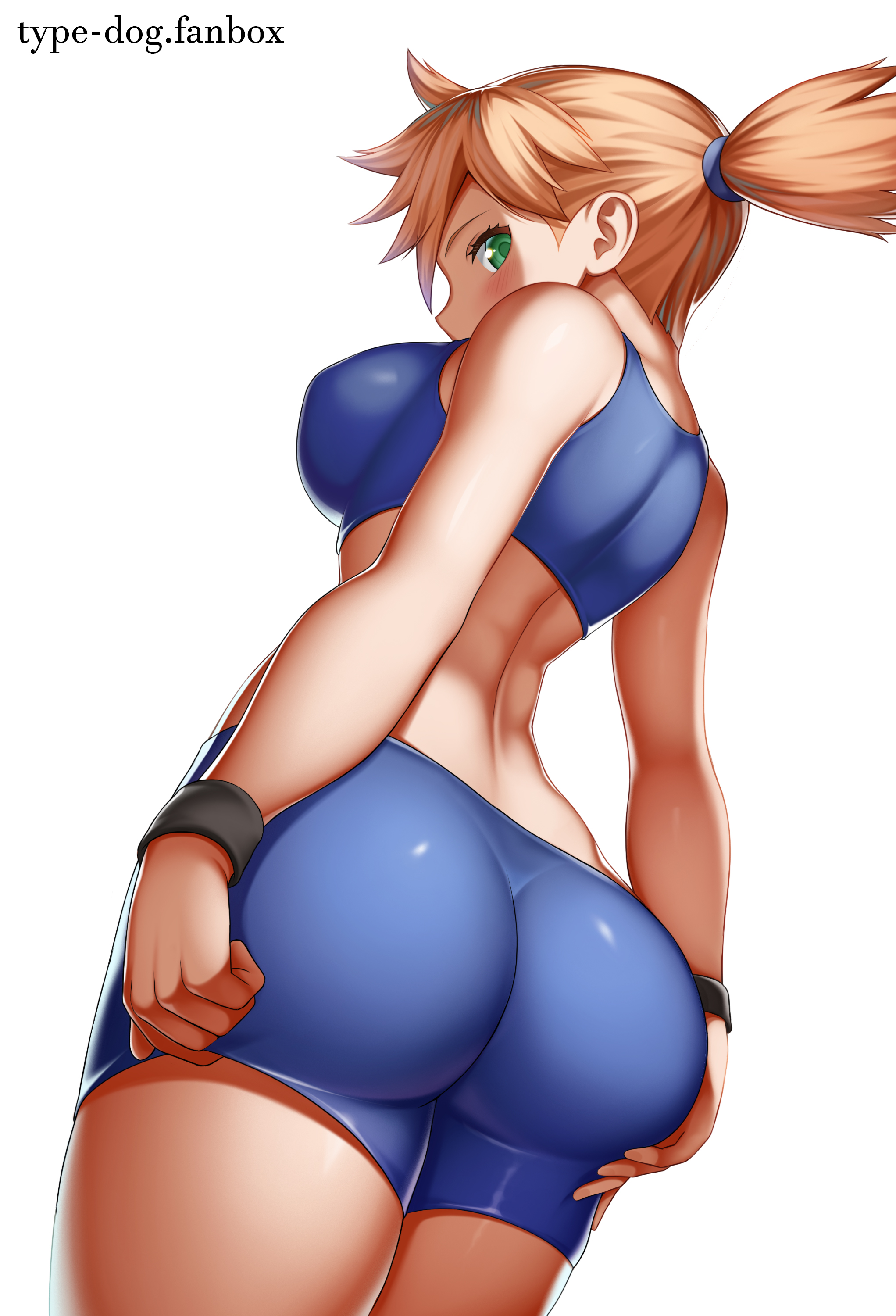 1girls, ass, back, back view, big ass, big butt, blush, breasts, clothed, clothing, eye contact, female, female focus, female only, fully clothed, game freak, grabbing own ass, green eyes, gym leader, hi res, huge ass, human, jpeg, kasumi (pokemon), large ass, light skin, light-skinned female, looking at viewer, looking back, masturbation, misty (pokemon frlg), misty (pokemon), orange hair, pokemon, pokemon (game), pokemon masters, pokemon rgby, shorts, sideboob, spandex shorts, type-dog
