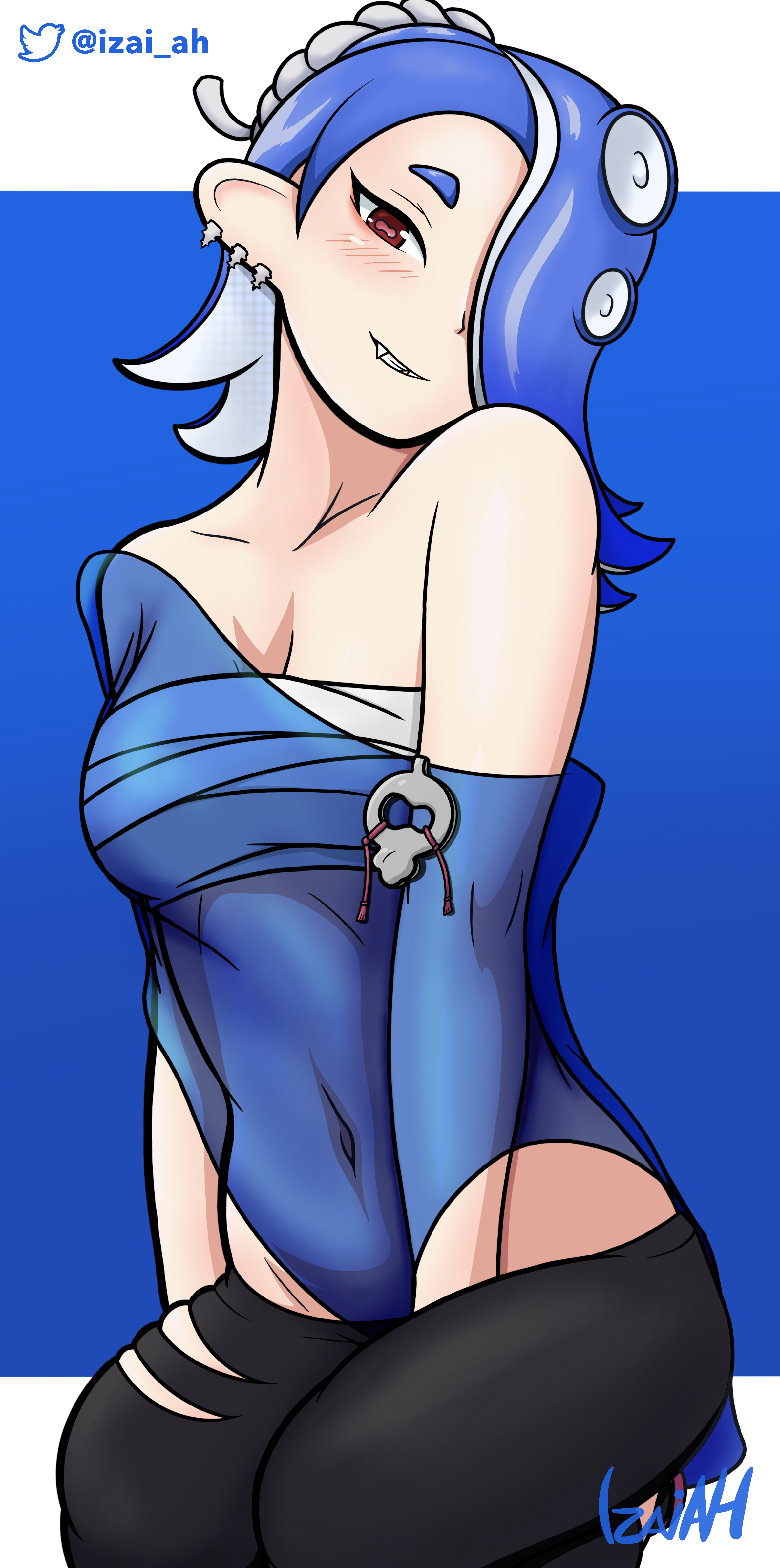 2022, bandages, blue hair, breasts, deep cut (splatoon), female, highres, izai ah, izaiah (artist), nintendo, red eyes, sharp teeth, shiver (splatoon), smirk, splatoon, splatoon 3