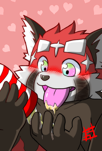 2022 ailurid anthro black_body black_nose blush bodily_fluids cum genital_fluids heart humanoid_hands katazaki kemono lifewonders male mammal red_body red_panda sex_toy slightly_chubby solo tokyo_afterschool_summoners tongue tongue_out video_games zhurong_(tokyo_afterschool_summoners)