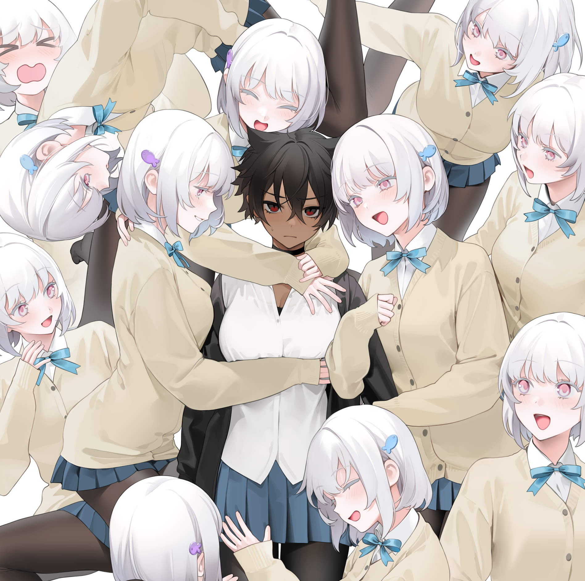 :d, > <, black choker, black hair, black jacket, black legwear, blouse, blue ribbon, blue skirt, blush, breasts, cardigan, choker, cleavage, dark skin, dark-skinned female, female, female only, hair between eyes, hair ornament, half-closed eyes, highres, hug, hug from behind, jacket, long sleeves, looking at viewer, micchan (ohisashiburi), miniskirt, multiple females, multiple girls, nacchan (ohisashiburi), neck ribbon, ohisashiburi, original, original character, original characters, pantyhose, pink eyes, pleated skirt, red eyes, ribbon, school uniform, shirt, short hair, simple background, skirt, slit pupils, smile, tomboy, very short hair, white background, white hair, white shirt, yuri