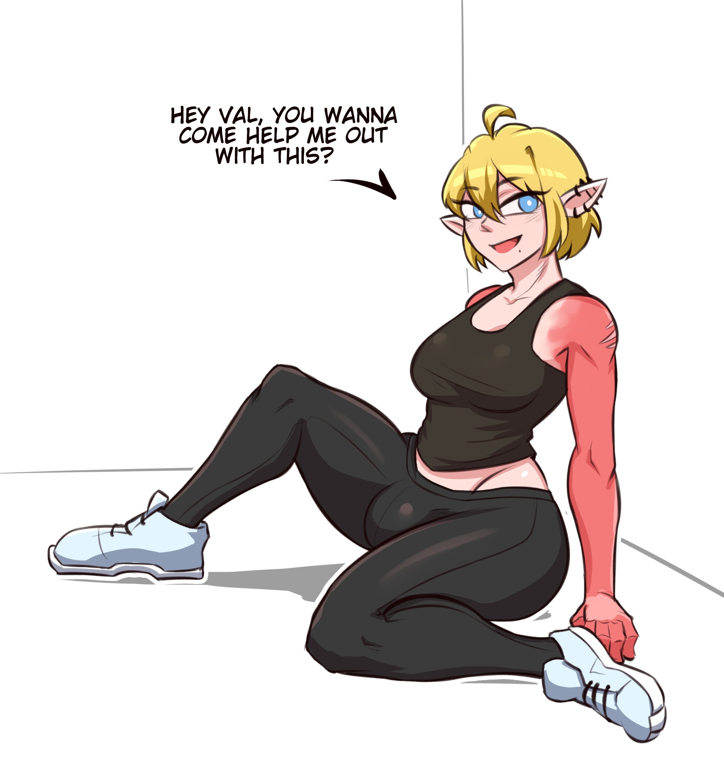 1futa, 2022, ahoge, blonde hair, breasts, bulge, clothed, clothing, dialogue, elf, english text, flaccid, fully clothed, futa only, futanari, humanoid, intersex, kneeling, light skin, light-skinned futa, offscreen character, original character, penis, pointy ears, red skin, short hair, sleeveless, solo, sunk118, text, two-tone body