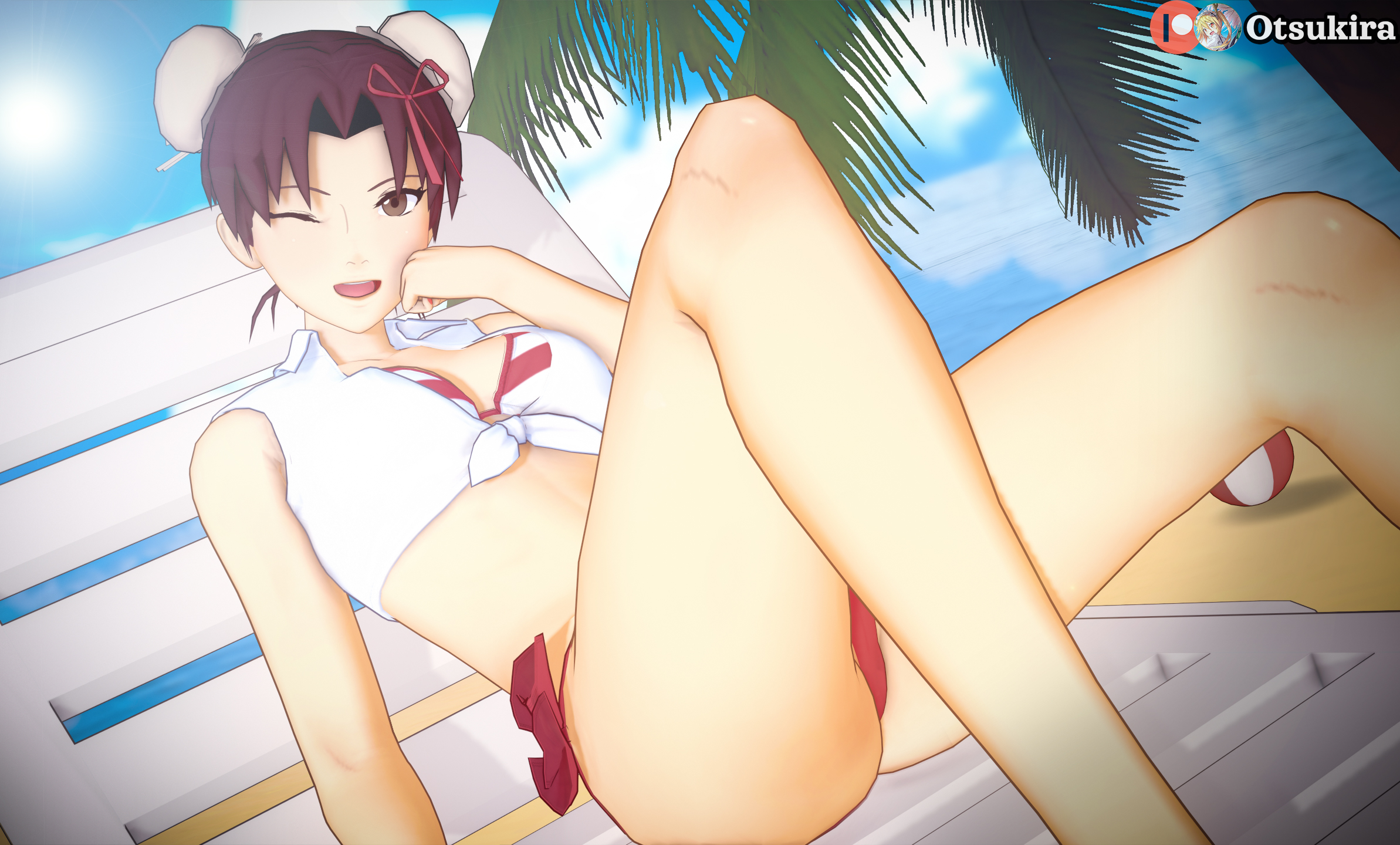 1girls, bare legs, bare shoulders, beach, beach chair, bikini, breasts, bun cover, cleavage, crop top, double bun, female, female only, hair buns, long hair, looking at viewer, midriff, naruto, naruto (series), naruto shippuden, ocean, one eye closed, otsukira, outdoors, palm tree, sand, seaside, shirt, sitting, smile, solo, solo focus, swimsuit, tenten, tied shirt, water, wink
