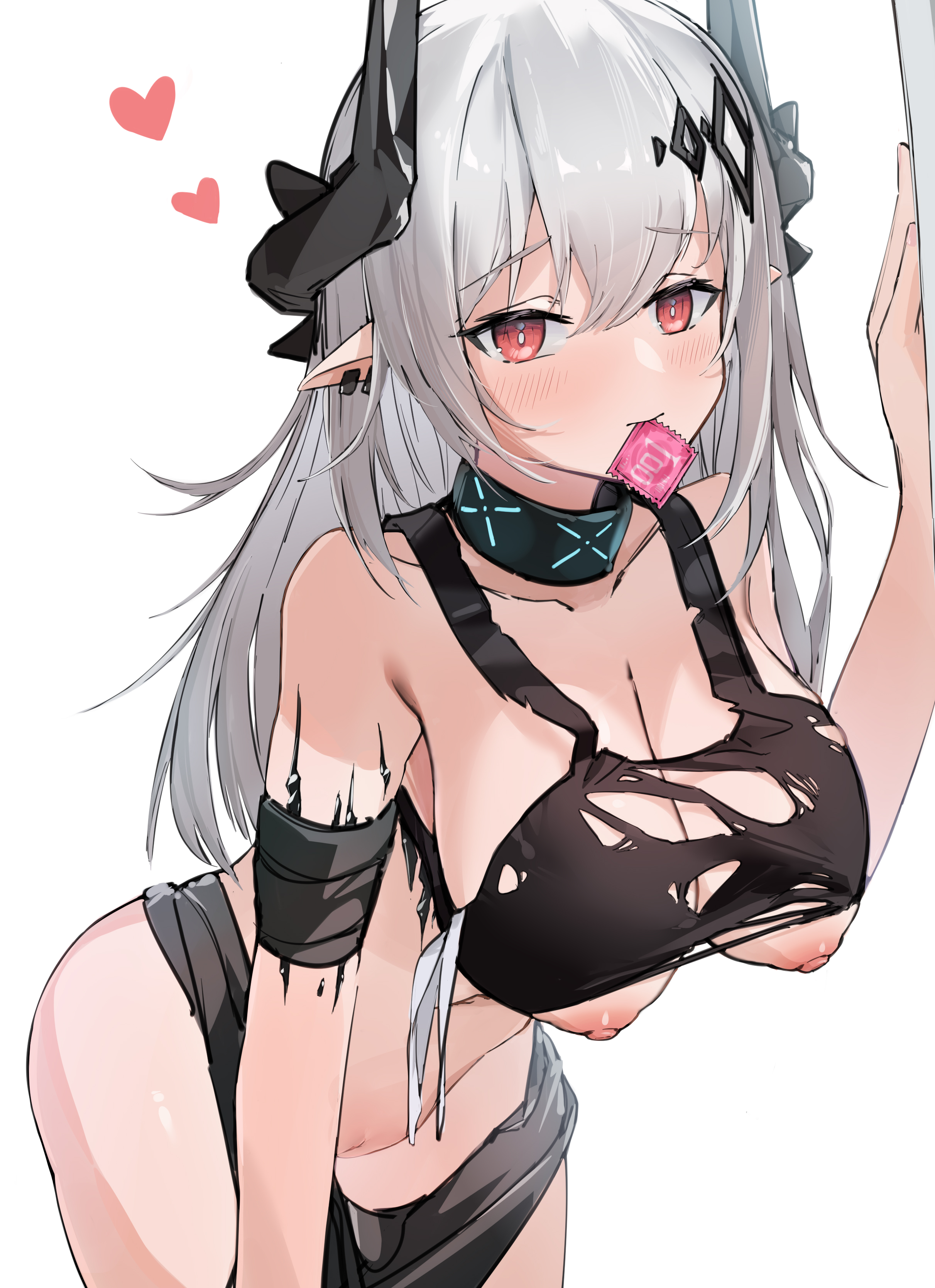 1girls, areolae, arknights, artist request, big breasts, blush, breasts, choker, collar, condom, condom in mouth, condom wrapper, ear piercing, earrings, embarrassed, exposed breasts, female, female only, hairclip, hairless pussy, heart, highres, horns, large breasts, legs, light skin, light-skinned female, long hair, looking at viewer, mudrock (arknights), mudrock (obsidian) (arknights), nipples, no panties, oripathy lesion (arknights), piercing, pointy ears, pussy, red eyes, shaved pussy, solo, standing, torn clothes, vagina, white background, white hair, 伊面