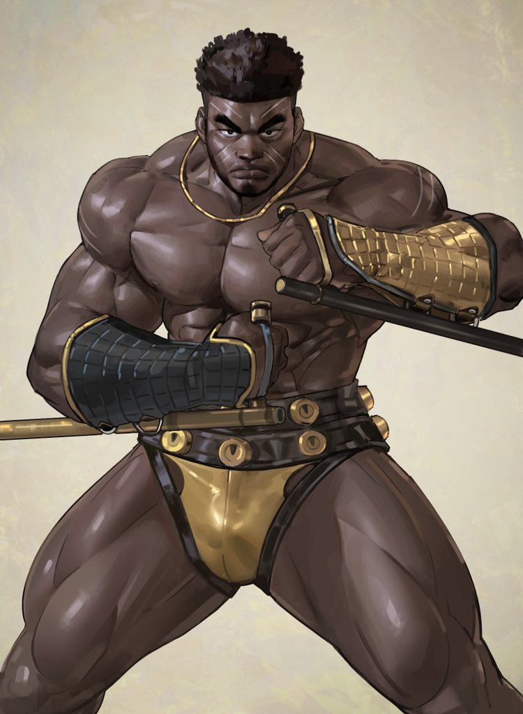 angry armor belt black_hair bulge dark-skinned_male dark_skin human male_only muscular muscular_male solo tooboshoo underwear unknown_character weapon