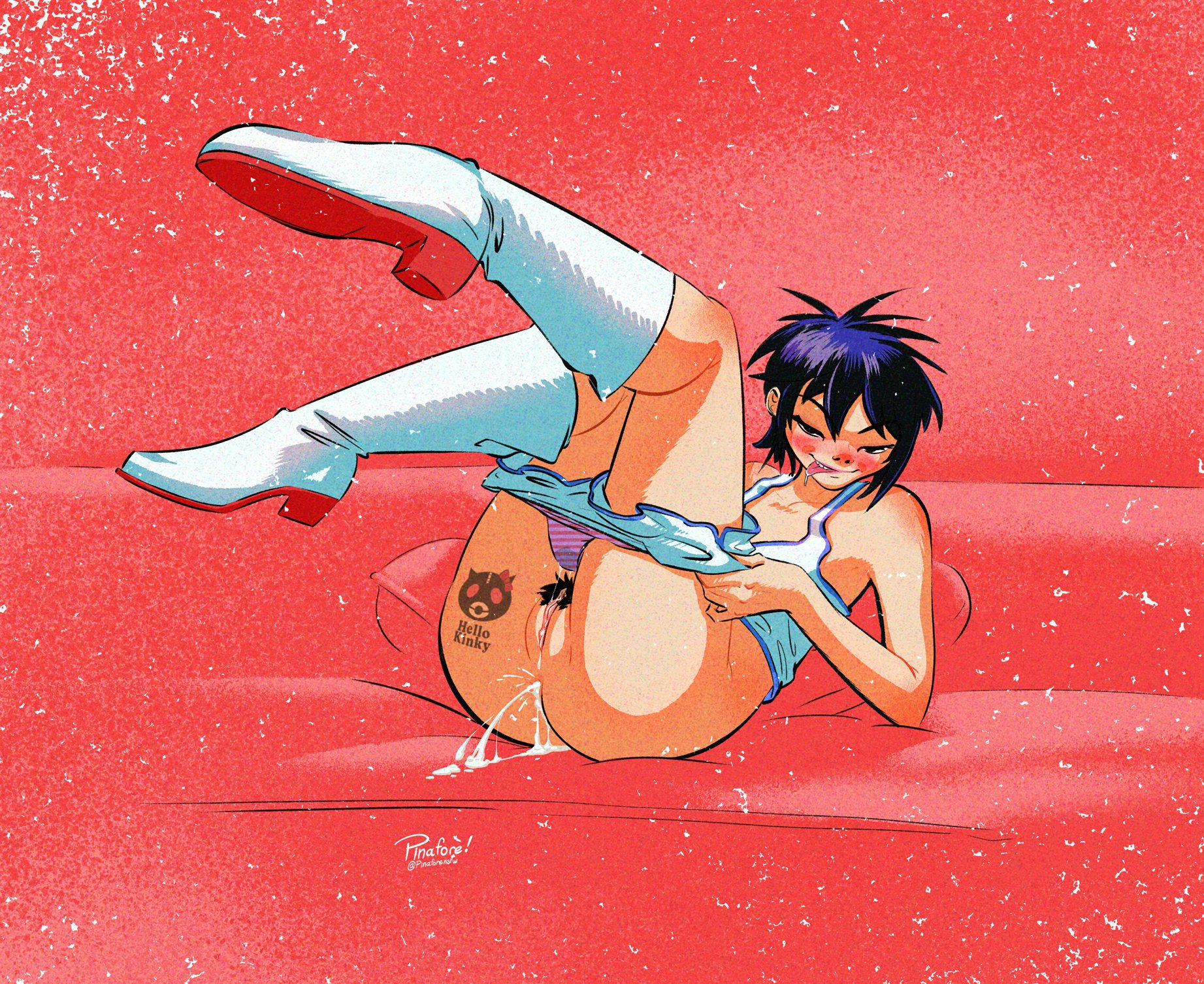 1girls, after anal, after sex, asian, athletic, athletic shorts, clothing, cum, dolphin shorts, female, gorillaz, hairy pussy, hi res, human, laying down, noodle (gorillaz), noodle (pac-man), pale skin, pinafore (artist), pussy, shorts, sportswear, tagme, tattoo