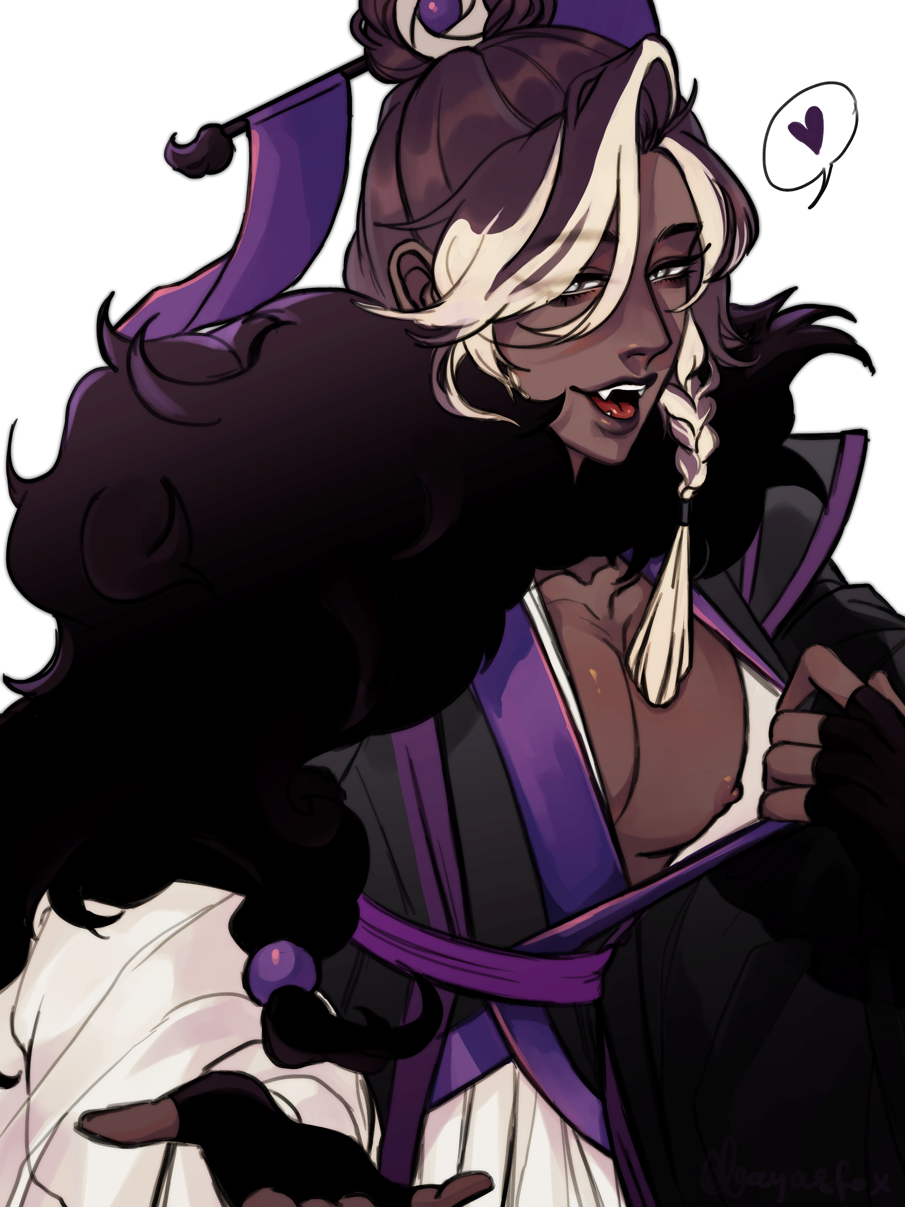<3, 1boy, absurd res, affogato cookie, braid, breasts, brown hair, cookie run, cookie run kingdom, dark skin, dark-skinned femboy, dark-skinned male, dark-skinned sissy, dark-skinned twink, fangs, femboy, feminine, feminine male, fingerless gloves, gloves, head accessory, heart, hi res, human, humanized, long hair, long-haired male, looking at viewer, male, male breasts, male only, male with breasts, nipples, pecs, presenting, pulling clothing, seductive, seductive smile, simple background, solo, two-tone hair, white background