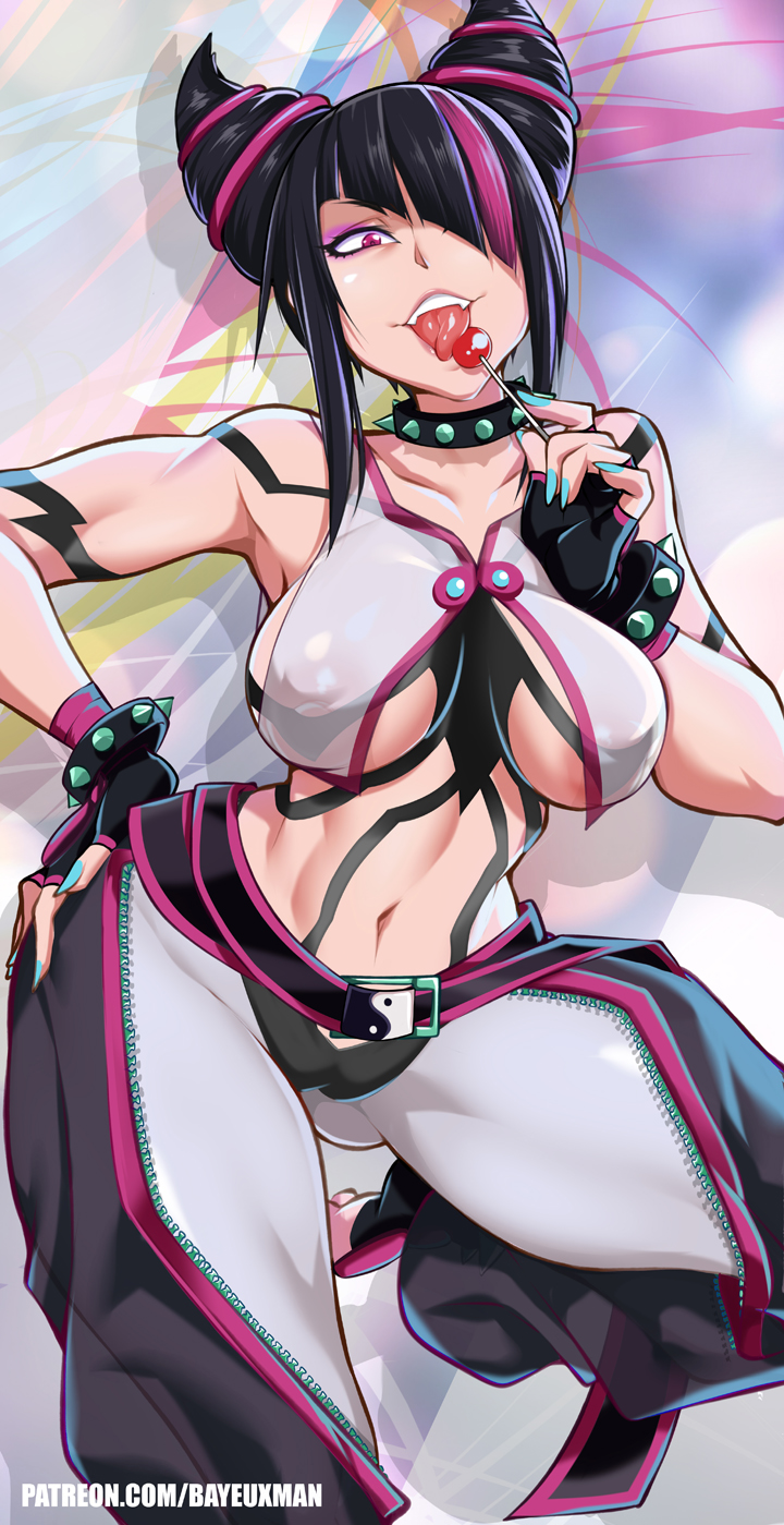 1girls, areola slip, bayeuxman, big breasts, black hair, bodypaint, breasts, capcom, collarbone, covered nipples, eye contact, female, female focus, female only, fully clothed, juri han, lollipop, looking at viewer, nipple bulge, red, see-through, solo, solo female, solo focus, standing, street fighter, street fighter 6, thick thighs, thighs