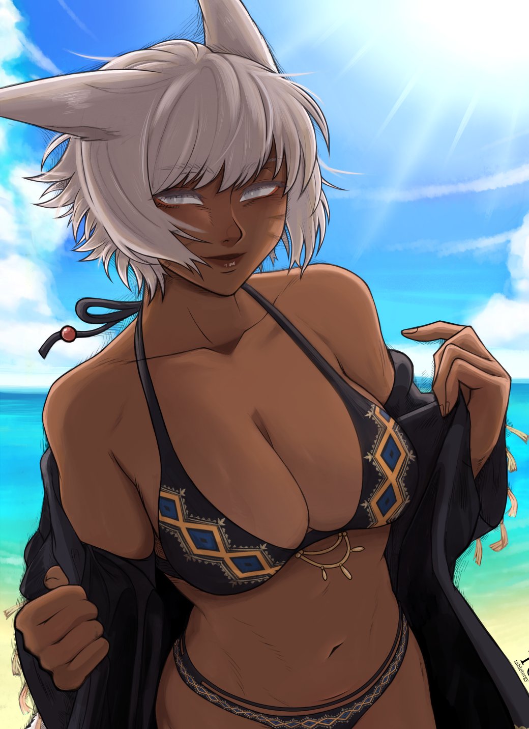 1girls beach bikini cat_ears dark-skinned_female dark_skin female female_only final_fantasy final_fantasy_xiv looking_at_viewer medium_hair miqo'te narrowed_eyes seaside smiling smiling_at_viewer solo tabletorgy whisker_markings white_eyes white_hair y'shtola