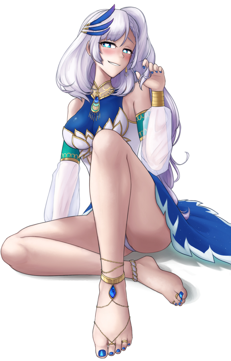 1girls, barefoot, blue toenails, clothed female, female, female only, freezer (frzr/efreezerarts), heart-shaped pupils, hololive, hololive indonesia, hololive indonesia holoro, light skin, light-skinned female, long hair, looking at viewer, pavolia reine, simple background, solo, symbol-shaped pupils, virtual youtuber, white background