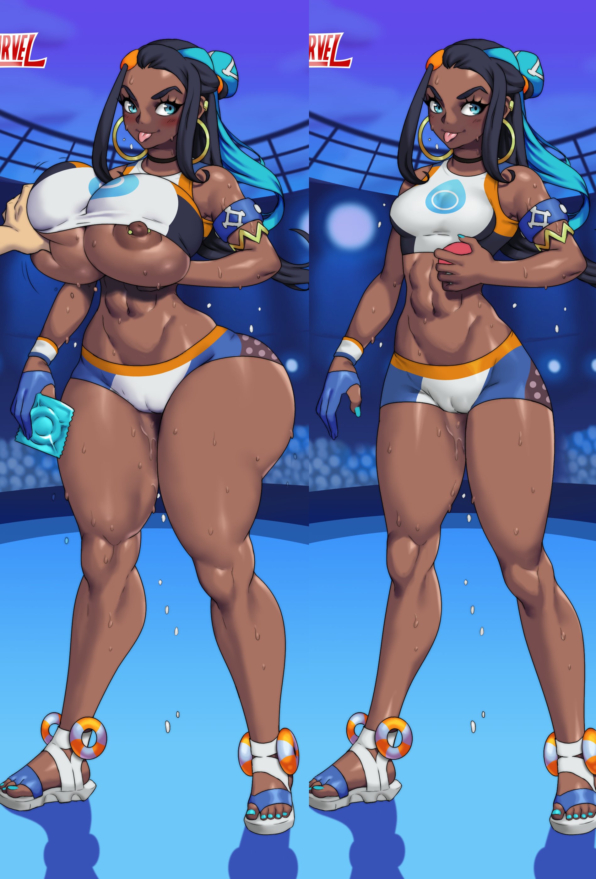 1girls, alternate breast size, ass, ass expansion, black hair, booty shorts, breast expansion, breast grab, breast growth, breast growth (enlargement), breasts, brown skin, cameltoe, condom, disembodied hand, female, gym leader, holding object, hourglass figure, huge breasts, jay-marvel, large breasts, long hair, nessa (pokemon), nintendo, pokemon, pokemon ss, pussy, short shorts, shorts, small breasts, small waist, thick thighs, thighs, thunder thighs, too small clothes, wide hips