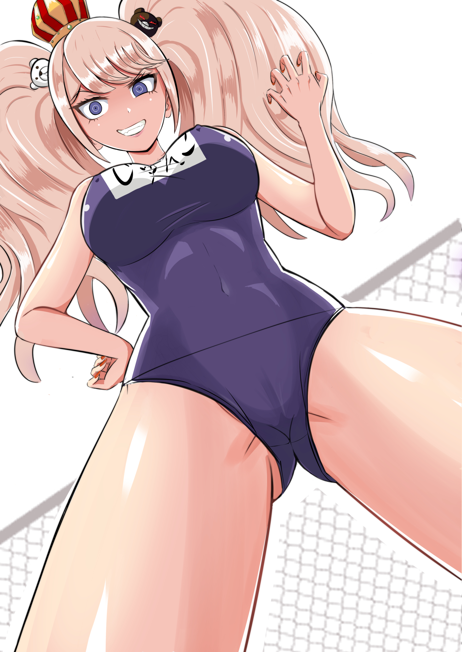 2022, alternate version available, angry, angry face, below view, binbincho, black outline, blonde, blonde female, blonde hair, blonde-haired female, blue eyes, blue swimsuit, breasts, cameltoe, crown, danganronpa, danganronpa 1, danganronpa s: ultimate summer camp, danganronpa: trigger happy havoc, eyebrows visible through hair, female, female only, hair ornament, hair ornaments, junko enoshima, large breasts, light skin, light-skinned female, long hair, nail polish, net, nipple bulge, nipples, nipples visible through clothing, one-piece swimsuit, painted nails, pigtails, pupils, pussy, red nail polish, red nails, smooth skin, strawberry blonde hair, swimsuit, teeth, teeth clenched, thighs, thin, vagina, vagina visible through clothing, white background