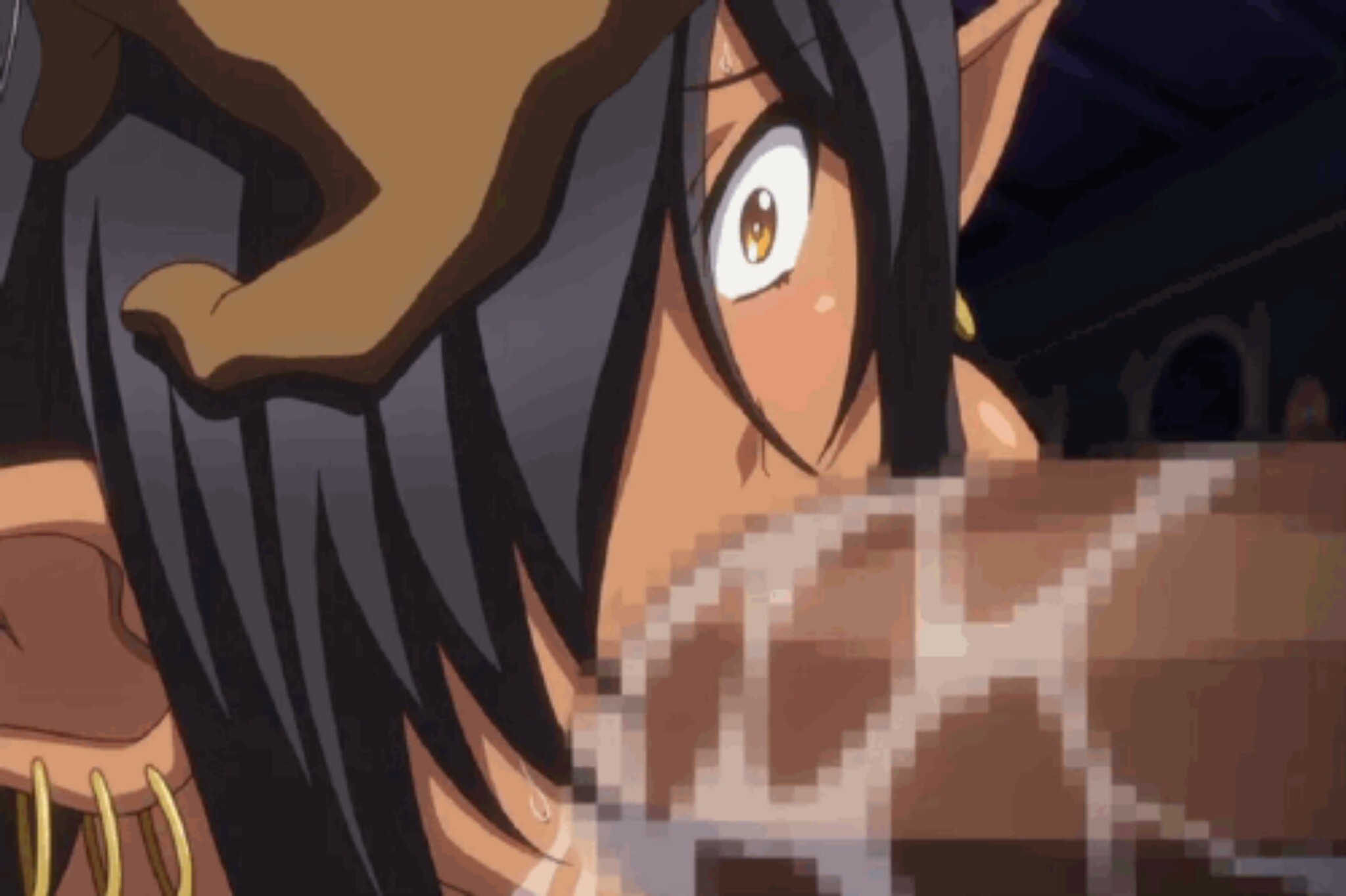 :>=, 1boy, 1girls, amber eyes, ass, black hair, boy, censored, dark elf, dark skin, dark-skinned female, dark-skinned male, defeated villainess, earrings, elf, elf ears, elf female, elf girl, female, forced, forced oral, gold earrings, hand on another's head, kuroinu ~kedakaki seijo wa hakudaku ni somaru~, male, olga discordia, oral, penis, penis in ass, pointy ears, rape, sex toy, villainess