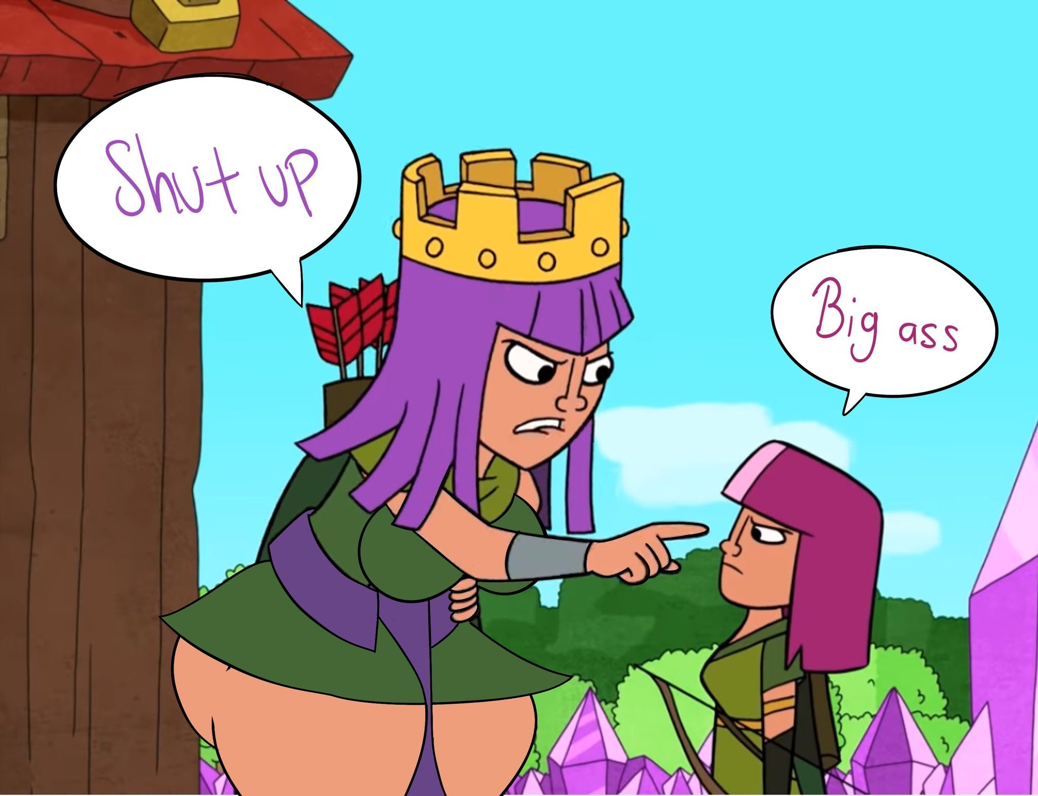 2girls, annoyed, archer (clash of clans), archer queen (clash of clans), arrow, ass, big ass, big breasts, breasts, clash (series), clash a rama, clash of clans, clothed, clothed female, clothing, crown, dialogue, female, female only, fully clothed, fully clothed female, huge ass, larger female, multicolored hair, multiple females, multiple girls, pink hair, pointing, purple hair, screenshot, screenshot edit, smaller female, supercell, talking, talking to another, text, text bubble, thick thighs, voluptuous female