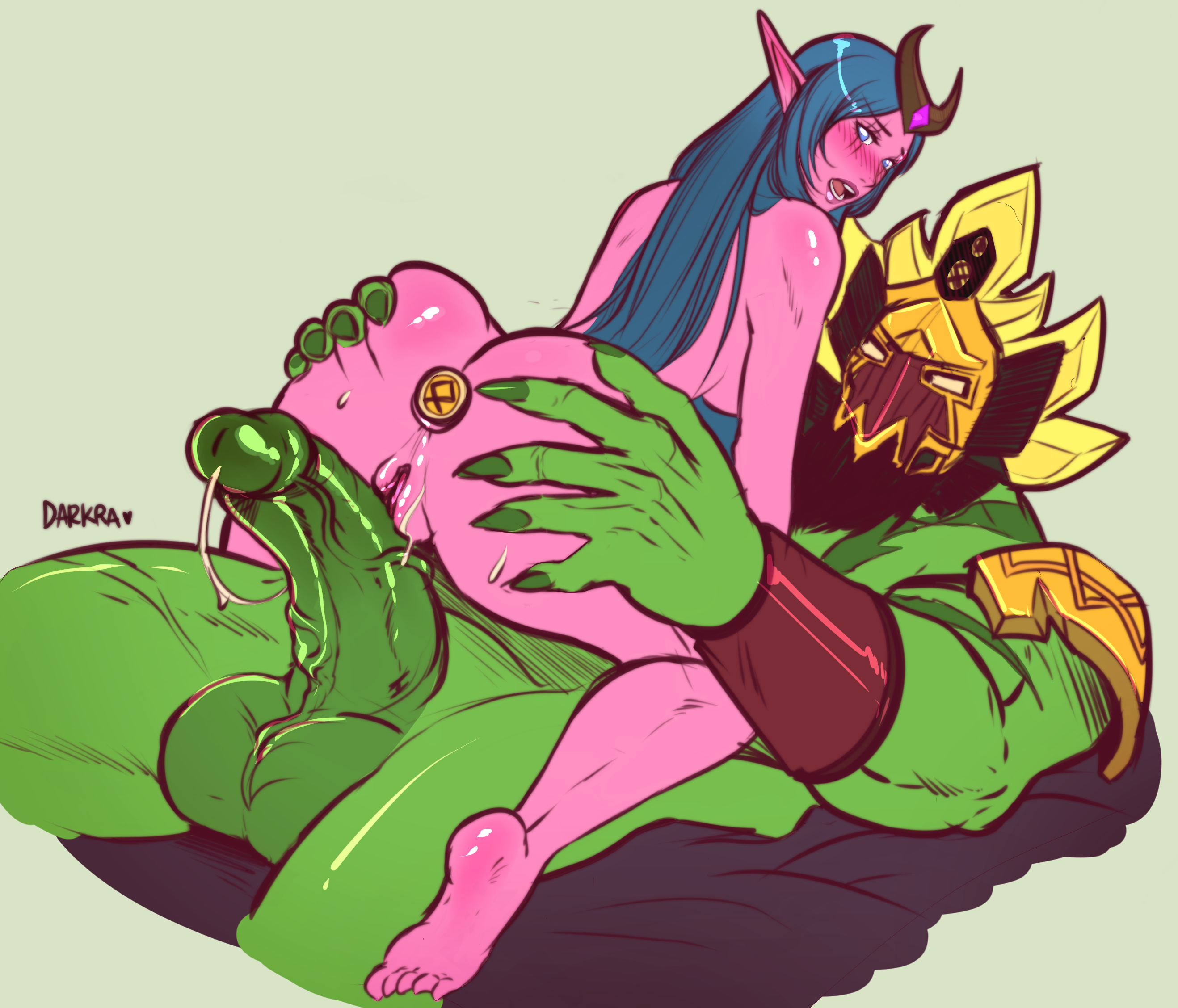 1boy, 1girls, anal plug, ass, ass grab, balls, blizzard entertainment, blush, buttplug, buttplug in ass, cute, darkra, elf, elf ears, female, female on top, green hair, green penis, green skin, hi res, imminent sex, long hair, looking back, lulusa wildmist, male, mask, night elf, nude, nude female, nude male, orc, orc (warcraft), orc male, orced, penis, pink skin, pointy ears, pussy, veiny penis, warcraft, world of warcraft, xiano hellblade