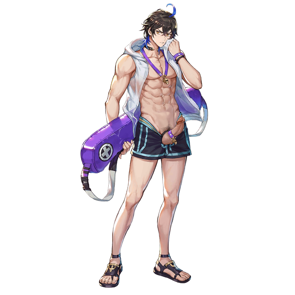 balls drawthread_request edit edited erection ezekiel_(kings_raid) genitals king's_raid male male_only penis retracted_foreskin screencap screenshot screenshot_edit swimsuit swimwear uncut underwear unknown_artist