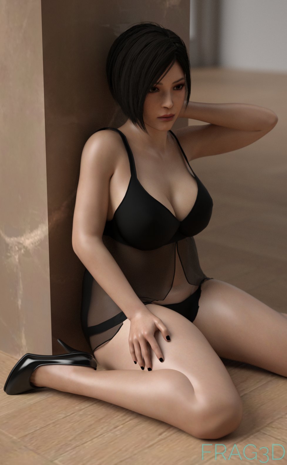 3d, ada wong, ada wong (adriana), ass, big ass, big breasts, big butt, breasts, capcom, cleavage, female, female only, frag3d, high heels, oiled skin, resident evil, resident evil 2, resident evil 2 remake