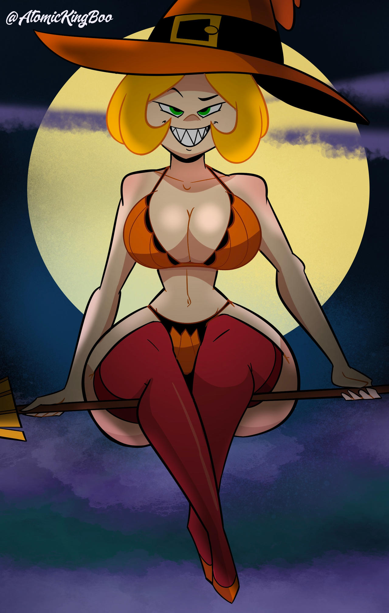 1girls artist_name atomickingboo busty cleavage clothing halloween hat hips hourglass_figure jackie_lantern legs light-skinned_female light_skin magic magic_user magical_girl original original_character thick thick_legs thick_thighs thighs thong upper_body voluptuous wide_hips witch witch_hat