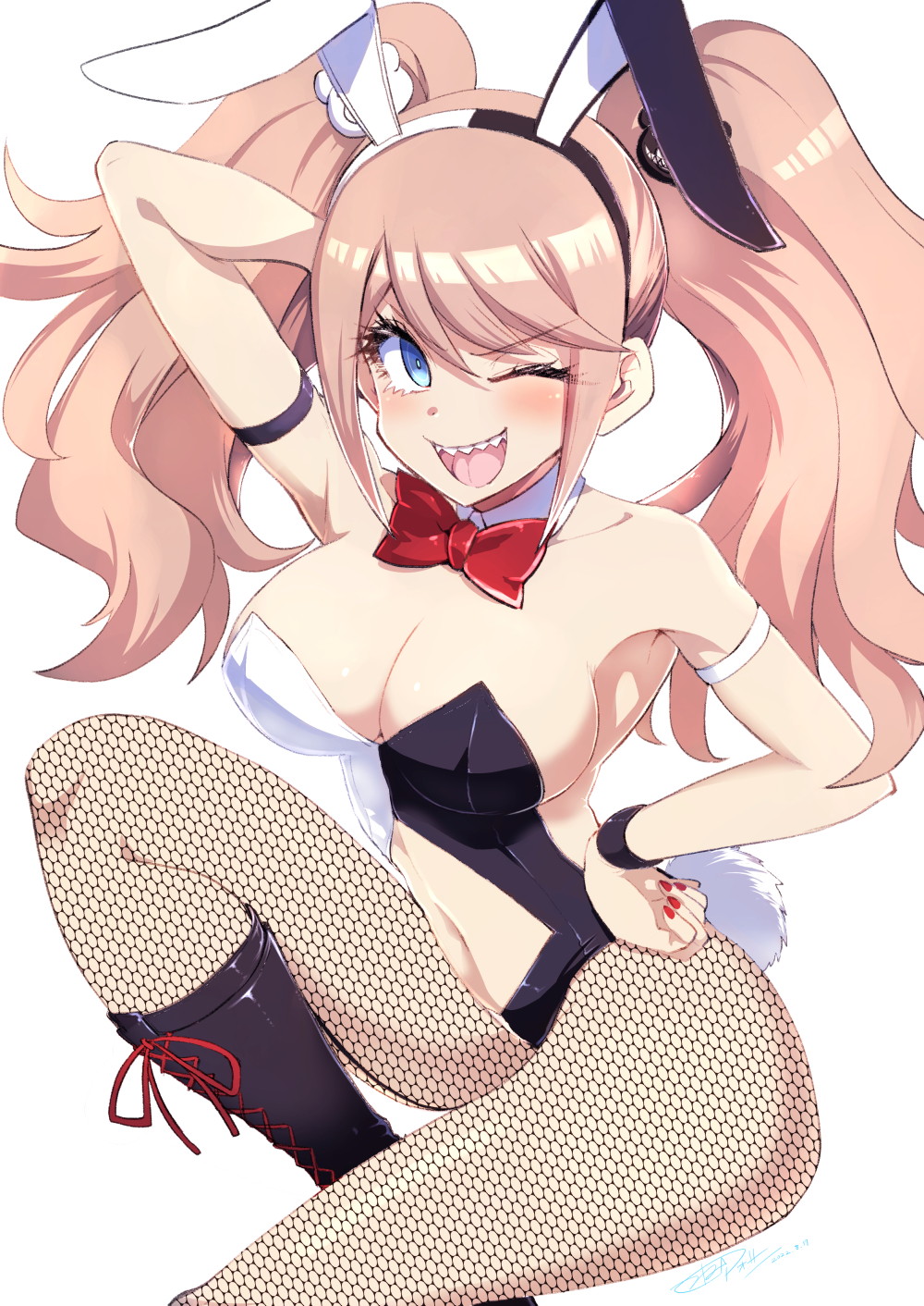 breasts, bunny ears, bunny girl, bunnysuit, cleavage, danganronpa, danganronpa 1, danganronpa: trigger happy havoc, female, female only, fishnet stockings, fishnets, junko enoshima, large breasts, sharp teeth, smooth skin, straight hair, tsunemi aosa