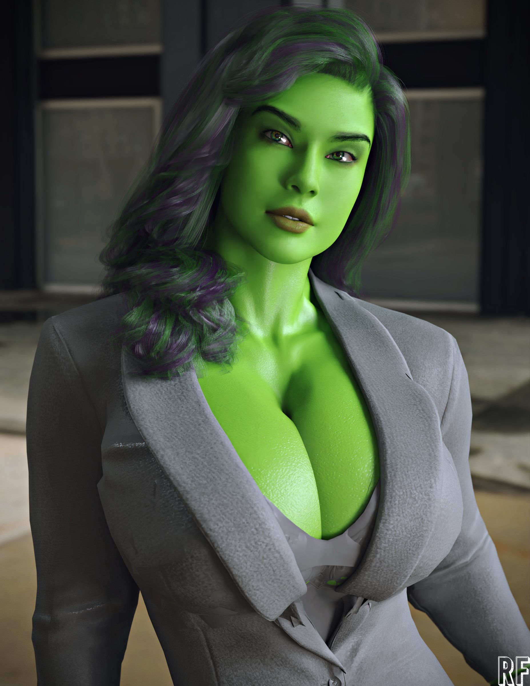 1girls, 3d, absurd res, attorney, background, big breasts, black highlights, blurry, blurry background, bra, breasts, business suit, celebrity, cleavage, clothed, clothed female, clothing, collarbone, eyebrows, eyes, female, female only, fully clothed, green body, green eyes, green hair, green skin, green-skinned female, gren skin, grey clothing, hair, hi res, huge breasts, hulk (series), ippers, large breasts, long hair, looking away, marvel, marvel comics, office clothing, office lady, open eyes, parted lips, purple hair, rude frog, she-hulk, solo, solo female, standing, suit, teeth, two-tone hair, upper body, watermark