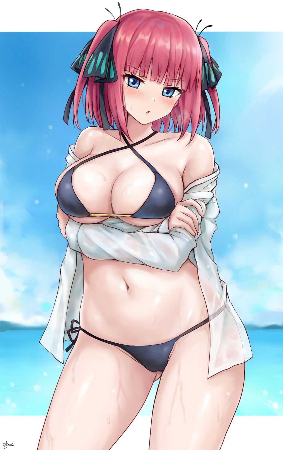 blue eyes, blush, breasts, cleavage, female, female only, go-toubun no hanayome, large breasts, looking at viewer, moaning, nakano nino, pink eyes, r-binon, short hair, solo focus, sweat, swimsuit, thick thighs, thighs, uncensored, underwear, wet, wide hips