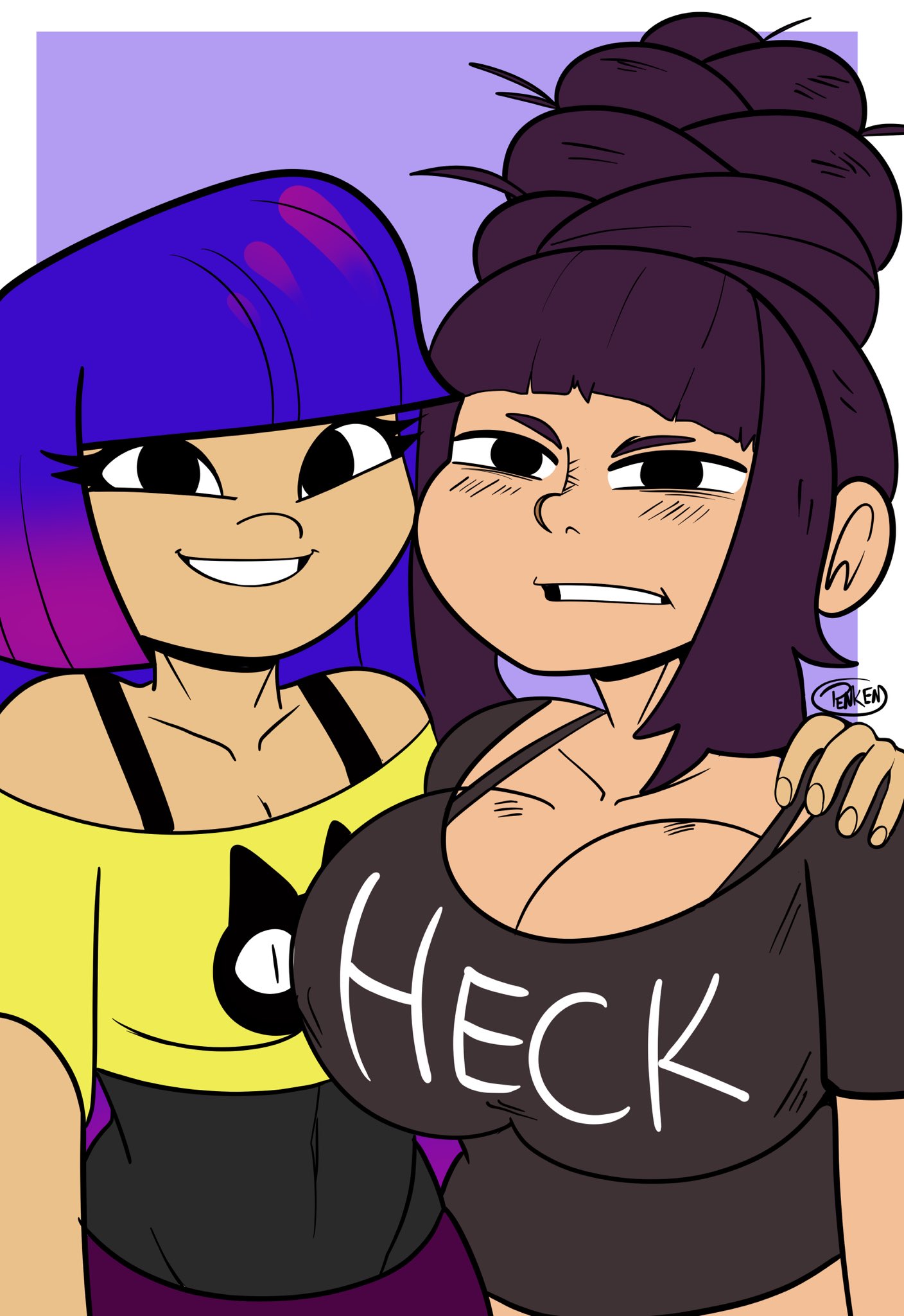 2girls bangs beehive_hairdo big_breasts black_eyes black_hair breasts cleavage clothing command_grab crossover english_text female_only glitch_techs hand_on_shoulder long_hair looking_at_viewer miko_kubota navel netflix nickelodeon nuclearwasabi original_character penken pink_highlights purple_hair sidelocks simple_background smile smooth_skin watermark