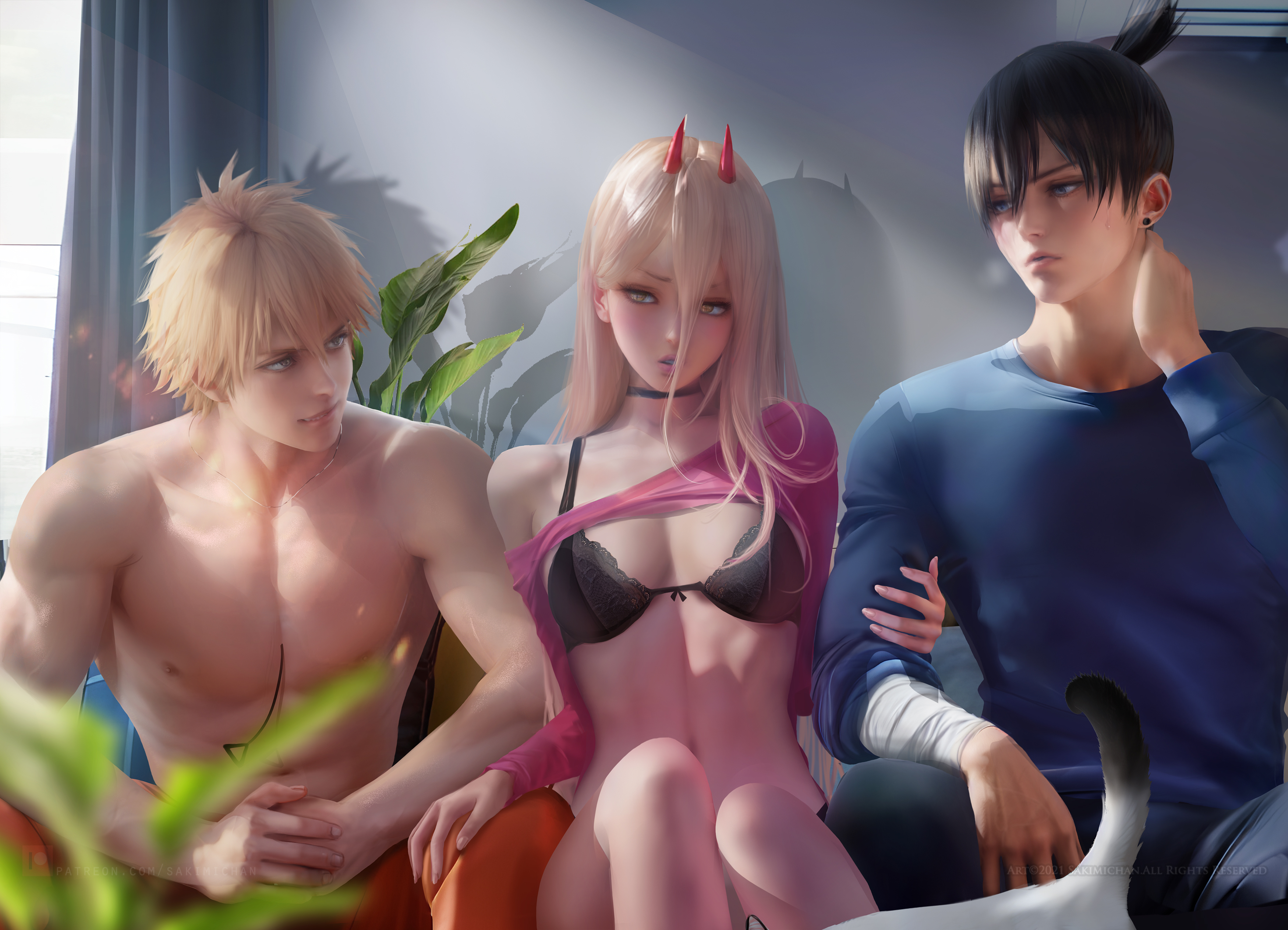 1girls, 2boys, breasts, chainsaw man, denji (chainsaw man), female, friends with benefits, hayakawa aki, male, medium breasts, power (chainsaw man), sakimichan