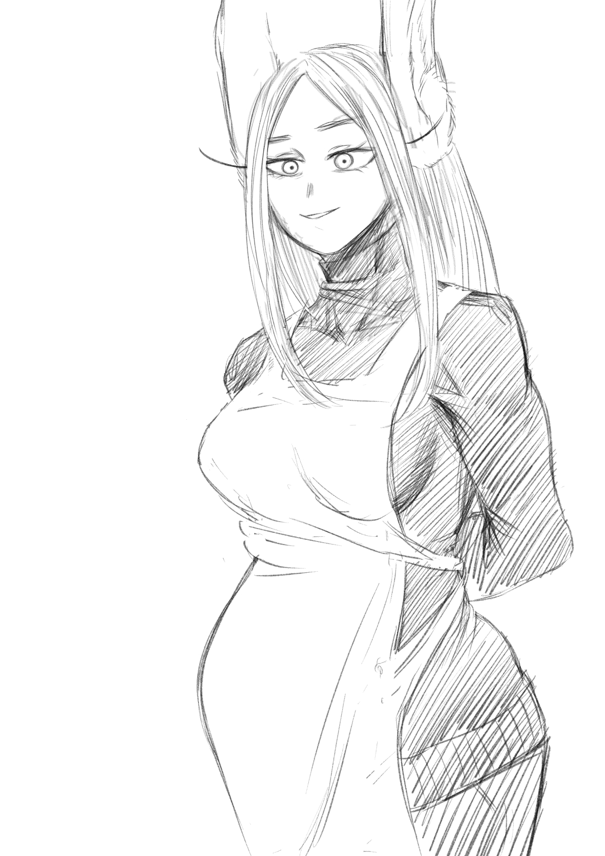 1girls, amano44, apron, arms behind back, black and white, brown skin, bunny ears, bunny girl, female, fully clothed, happy, housewife, miruko, my hero academia, no sex, pregnant, rumi usagiyama, solo, white hair, wholesome