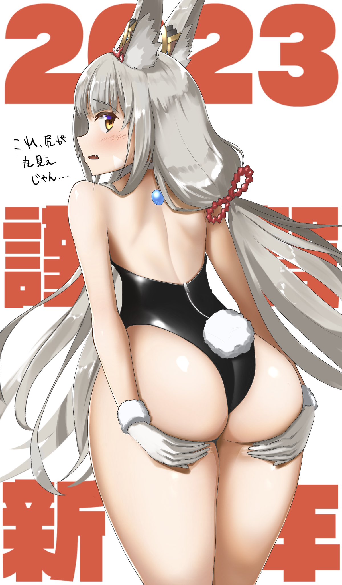1girls, animal ears, ass, ass focus, ass grab, back, back view, breasts, bubble ass, bubble butt, bunny girl, bunnysuit, cat ears, cat girl, catgirl, female, grabbing own ass, grey hair, highleg leotard, huge ass, kemonomimi, large ass, latex, leotard, light skin, light-skinned female, long hair, monoidaru cat, nia, nia (blade), nia (xenoblade), nintendo, shiny clothes, small breasts, thighs, tight clothing, twintails, xenoblade (series), xenoblade chronicles 2, yellow eyes