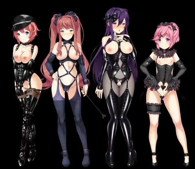 4girls accurate_art_style almost_naked black_bow black_hat blue_eyes blushing bow brown_hair doki_doki_literature_club dominatrix female female_only green_eyes hat looking_at_viewer low_res lowres monika_(doki_doki_literature_club) multiple_girls natsuki_(doki_doki_literature_club) orange_hair pink_eyes pink_hair purple_eyes purple_hair sayori_(doki_doki_literature_club) sprite sprite_edit standing suits yuri_(doki_doki_literature_club)