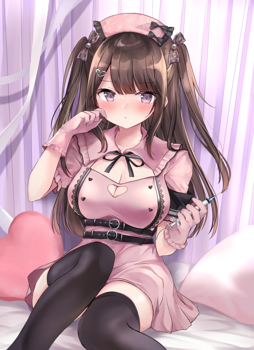 1girls armband background bed black_thighhighs bow_in_hair breasts brown_hair cleavage cleavage_cutout clothed clothed_female clothing female female_only fully_clothed gloves heart-shaped_boob_window heart_hair_ornament heart_pillow holding_needle holding_object holding_syringe large_breasts long_hair masayo_(gin_no_ame) needle nurse nurse_cap nurse_uniform on_bed original pillow pillows pink_clothing pink_eyes pink_gloves pout short_sleeves sitting solo stockings syringe thighhighs twintails