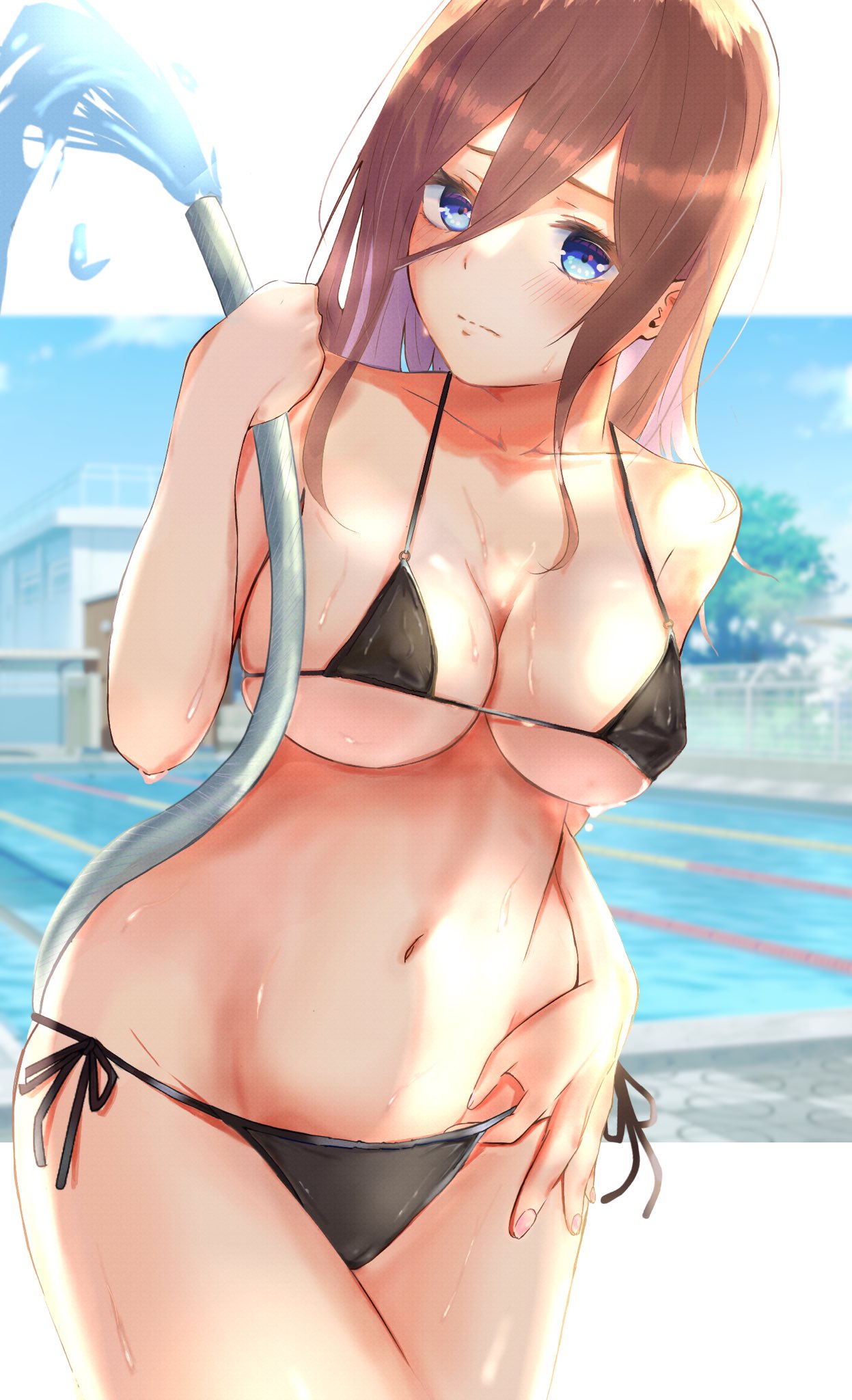 1girls, basil gotobun, bikini, black bikini, blush, blush lines, breasts, brown hair, cameltoe, curvaceous, curvy, curvy body, curvy female, curvy figure, embarrassed, erect nipples, erect nipples under bikini, erect nipples under swimsuit, female, female focus, go-toubun no hanayome, grabbing, hair between eyes, highres, holding object, hose, large breasts, light skin, light-skinned female, long hair, midriff, nakano miku, navel, nipples, pool, poolside, pussy, revealing swimsuit, shy, skimpy, skimpy bikini, solo, solo female, swimsuit, thighs, voluptuous, wavy mouth, wet, wet bikini, wet body, wet skin, wet swimsuit
