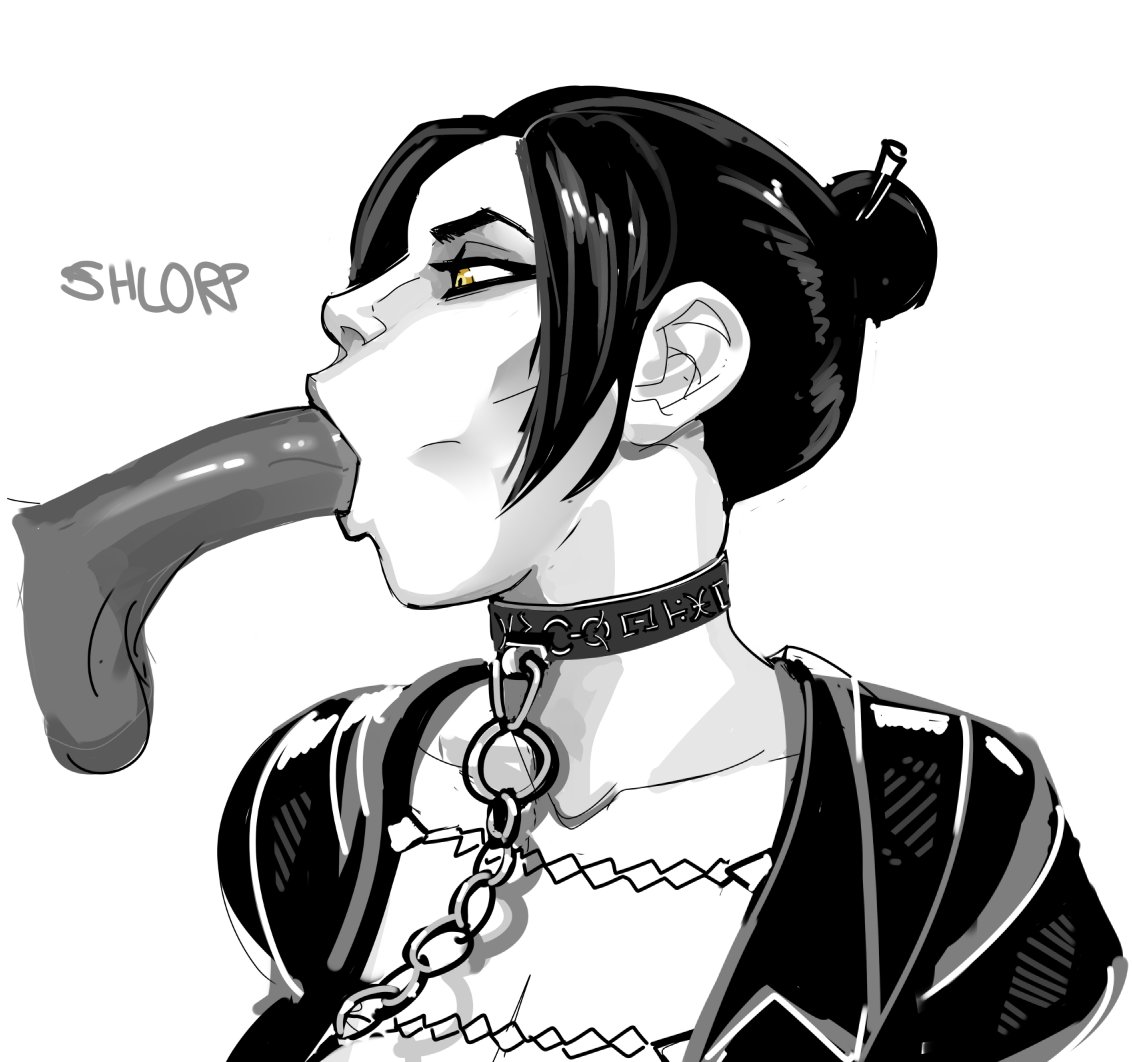 1boy, 1girls, balls, balls grab, black and white, black hair, black penis, blonde hair, blowjob, blowjob face, blue eyes, chains, cheek bulge, choker, collar, dark skin, dark-skinned male, fellatio, female, goth, goth girl, heterochromia, hivethebastard, interracial, jacket, leash, male, oral, penis, penis in mouth, ponytail, profile, purple eyeshadow, simple background, tied hair, white background, yellow eyes
